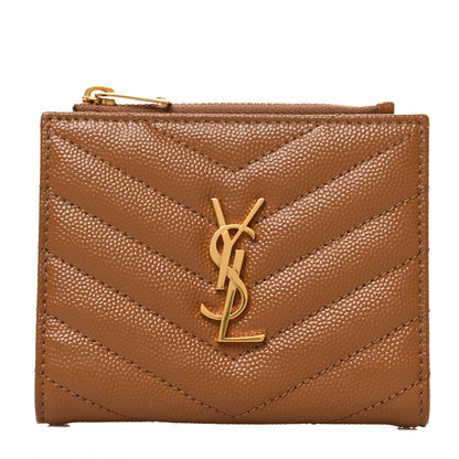 Saint Laurent Grain De Poudre Matelasse Chevron Monogram Zipped Card Case Dark Natural 1 of 7