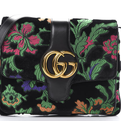 Gucci Velvet Jacquard Floral Embroidered Medium Arli Flap Shoulder Bag Black Green Multicolor 9 of 10