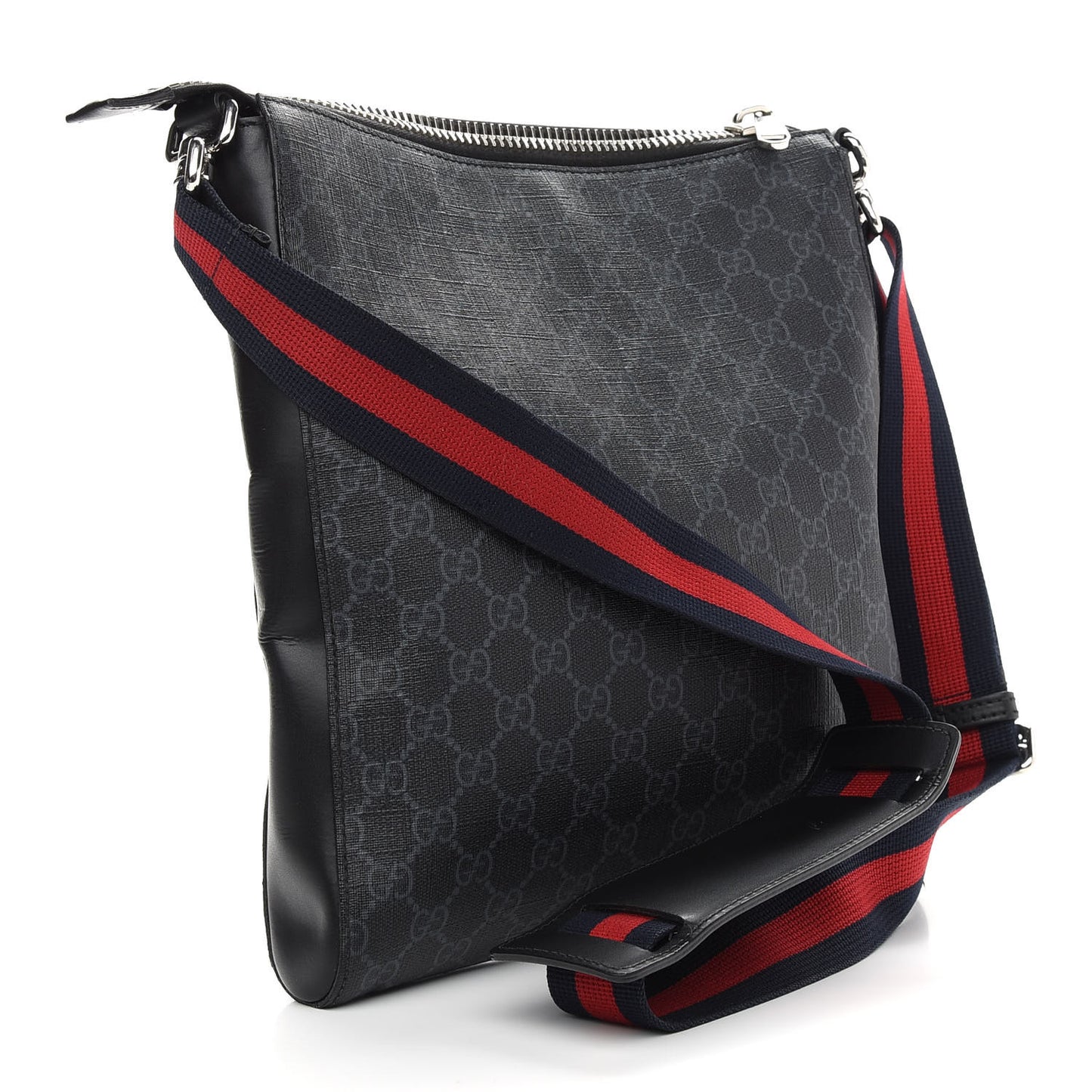 GG Supreme Monogram Appia Calfskin Web Flat Messenger Bag Black Grey