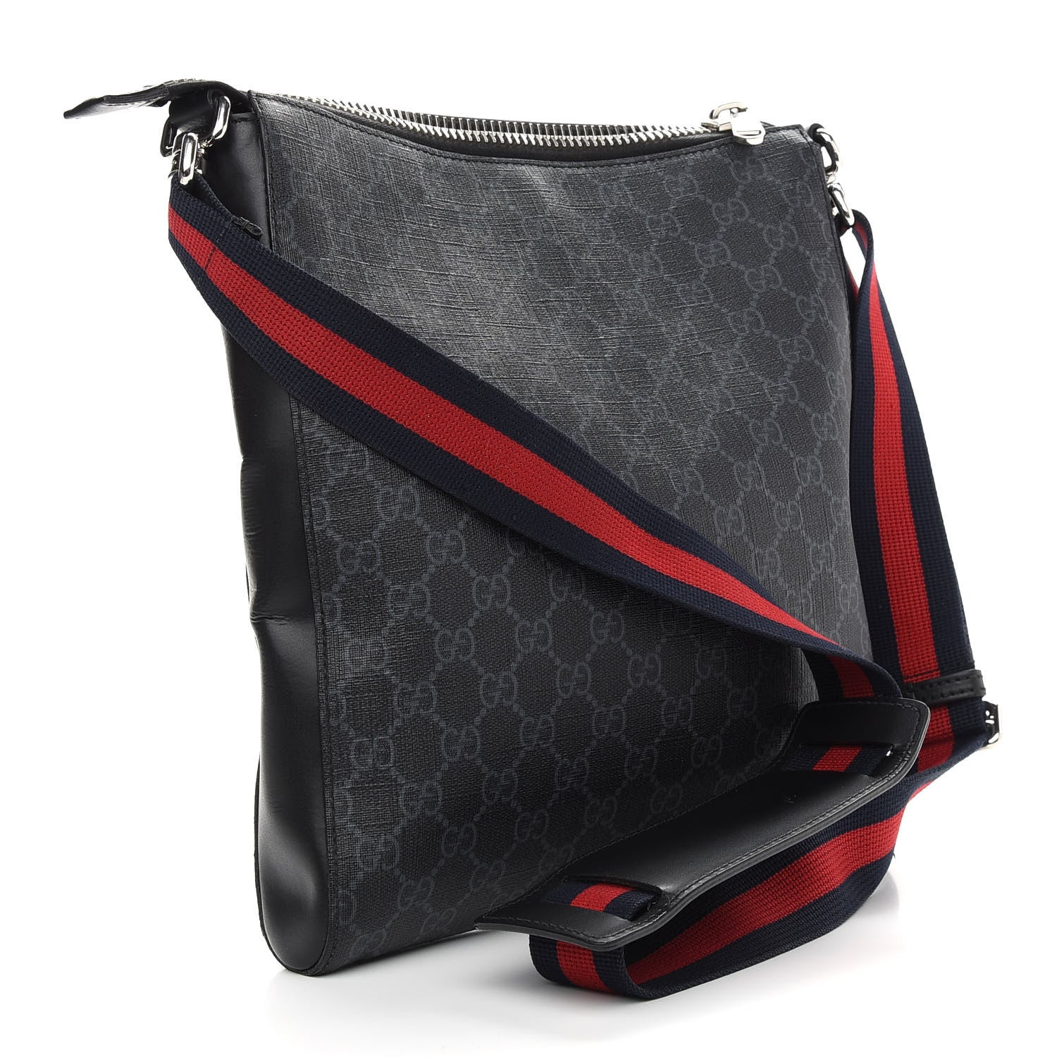 Gucci GG Supreme Monogram Appia Calfskin Web Flat Messenger Bag Black Grey 3 of 10