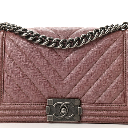 Chanel Metallic Caviar Chevron Quilted Medium Boy Flap Dark Pink 8 of 11