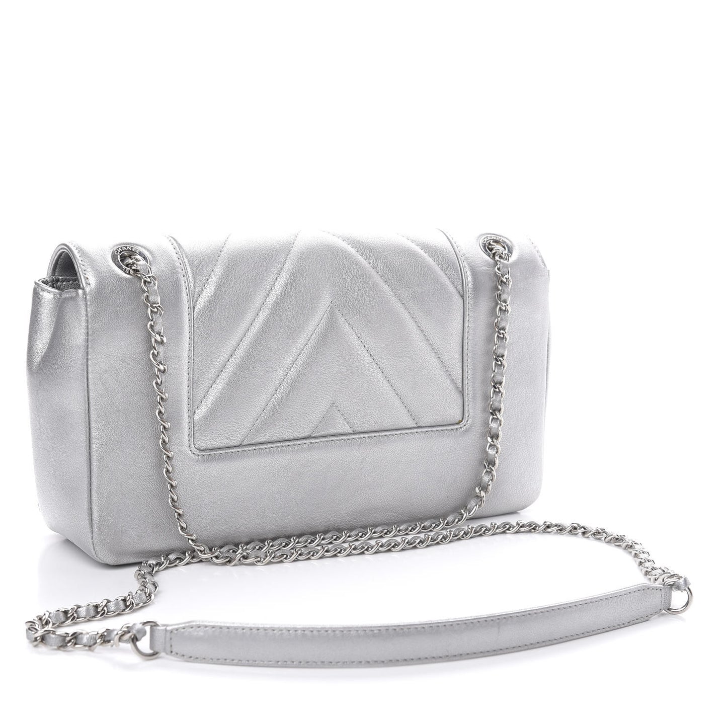 Metallic Sheepskin Chevron Quilted Medium Vintage Mademoiselle Flap Silver