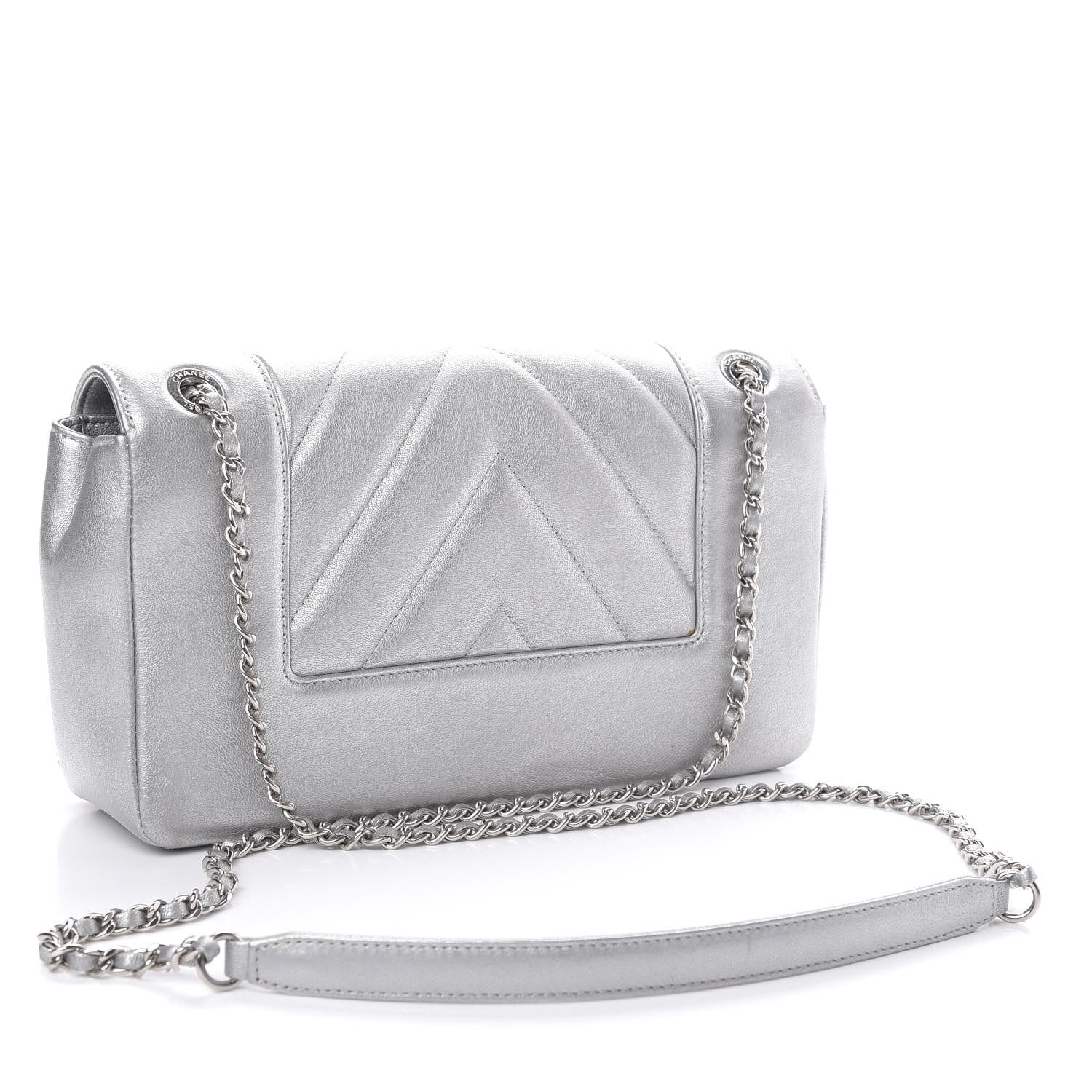 Chanel Metallic Sheepskin Chevron Quilted Medium Vintage Mademoiselle Flap Silver 3 of 14
