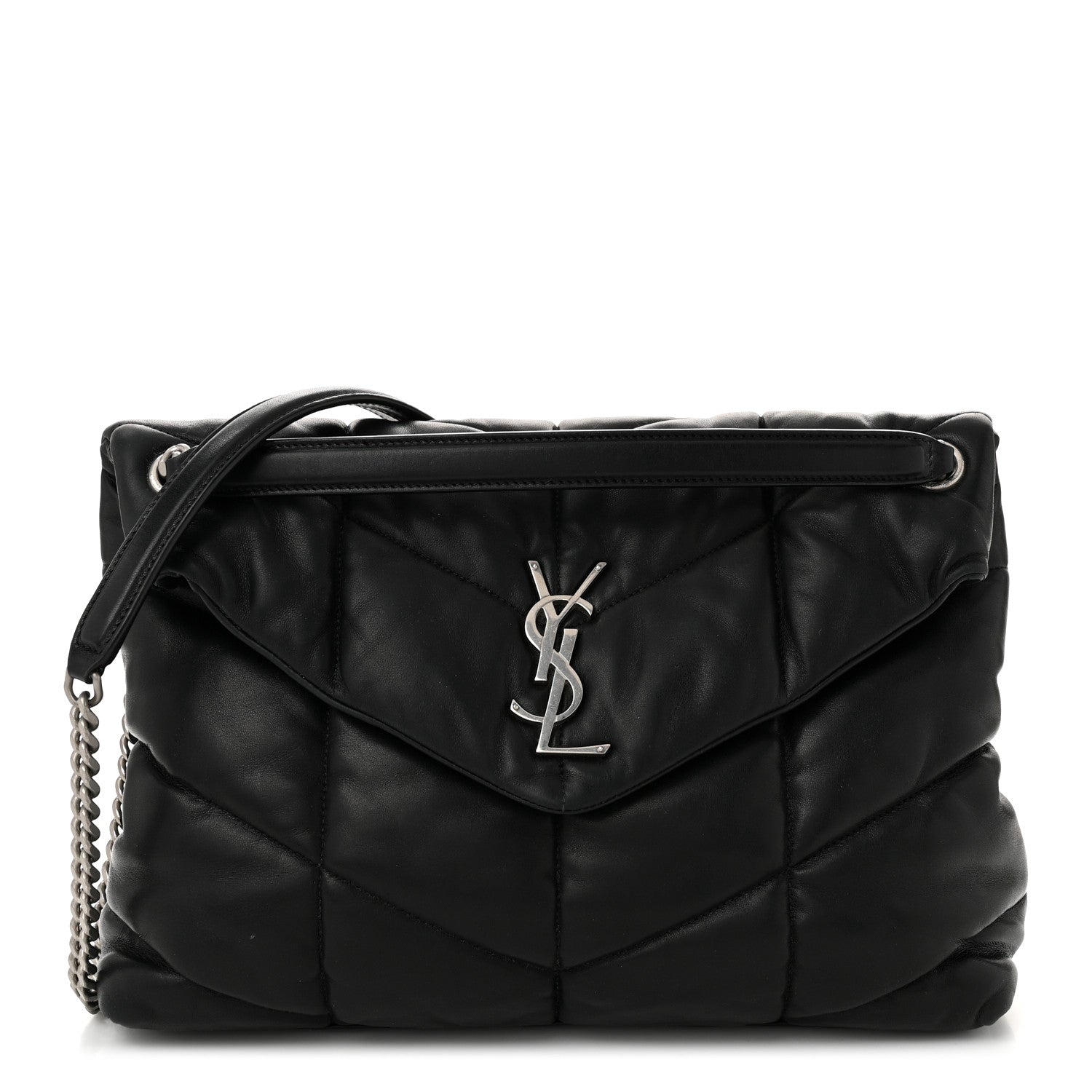 Saint Laurent Lambskin Quilted Medium Loulou Puffer Monogram Chain Satchel Black 1 of 10