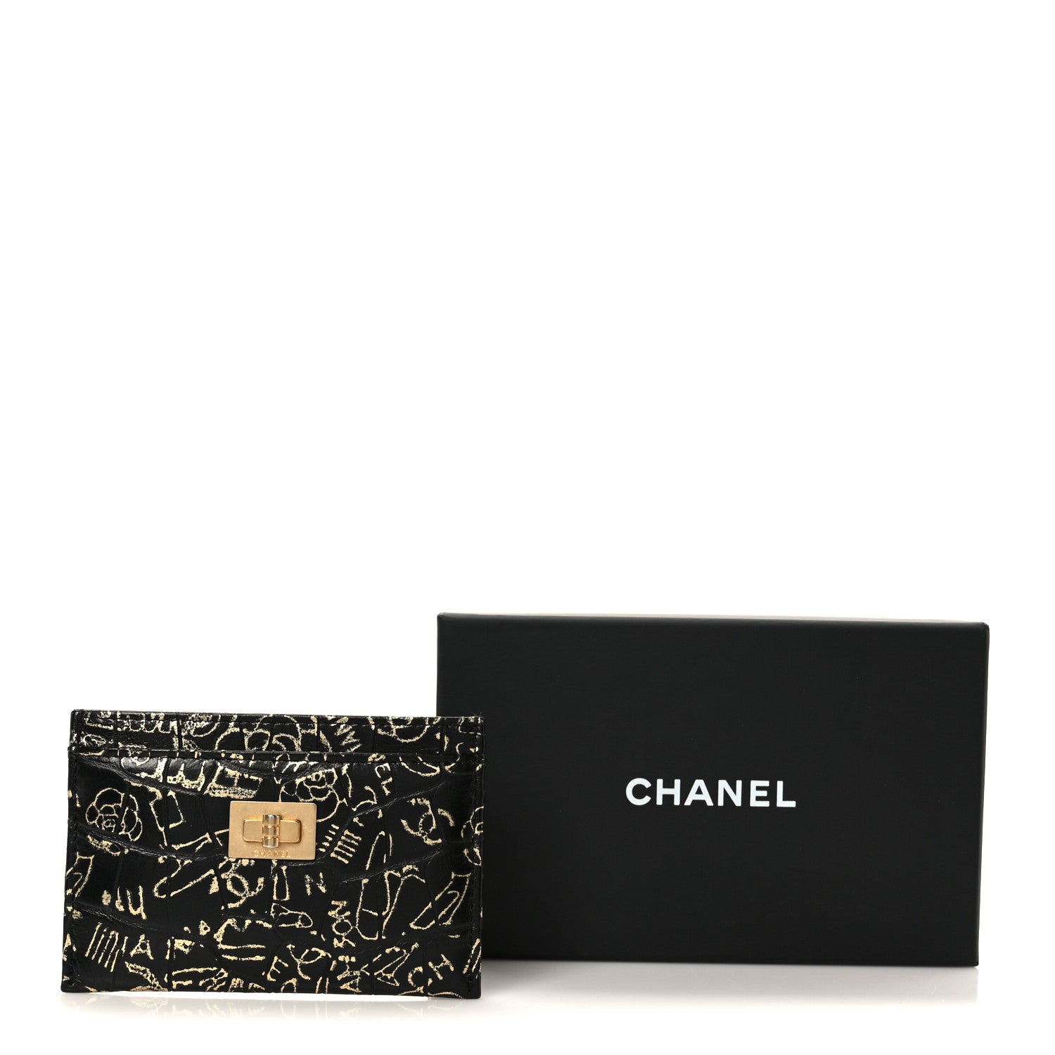 Chanel Calfskin Crocodile Embossed Graffiti 2.55 Cocodile Reissue Card Holder Black Gold 10 of 10