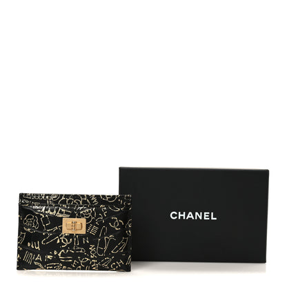 Chanel Calfskin Crocodile Embossed Graffiti 2.55 Cocodile Reissue Card Holder Black Gold 10 of 10
