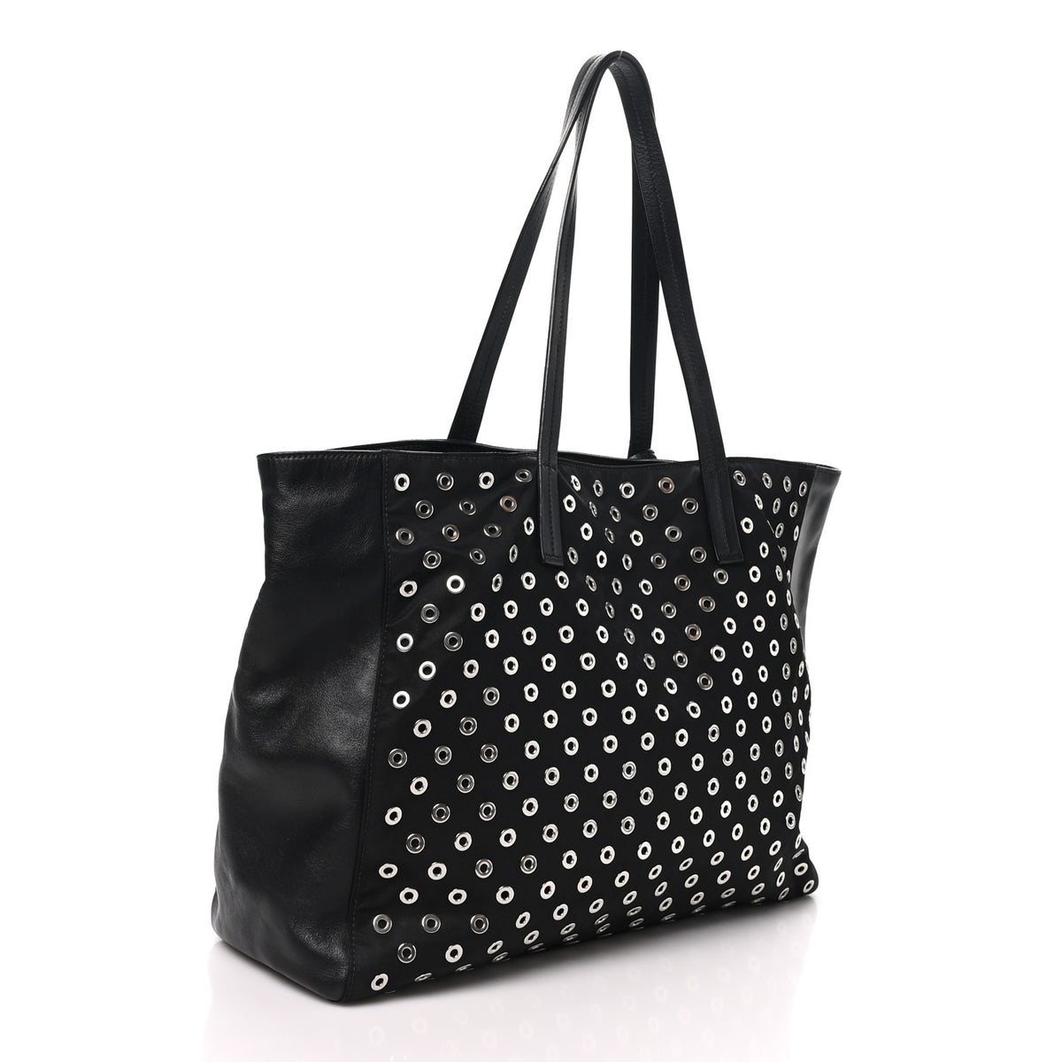 Tessuto Nylon Calfskin Grommet Tote Black