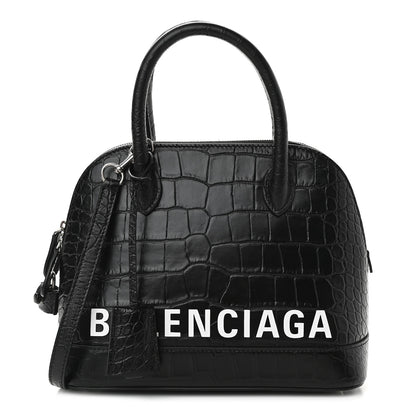 Balenciaga Calfskin Logo Crocodile Embossed S Ville Top Handle Bag Black White 1 of 10