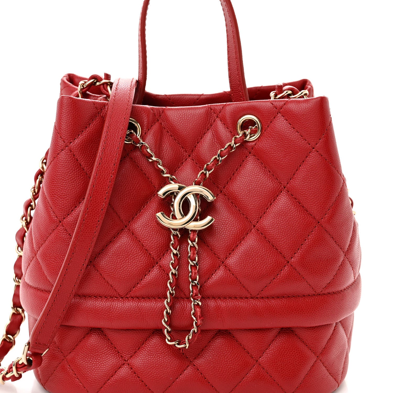 Chanel Caviar Quilted Rolled Up Bucket Drawstring Bag Red 8 of 10