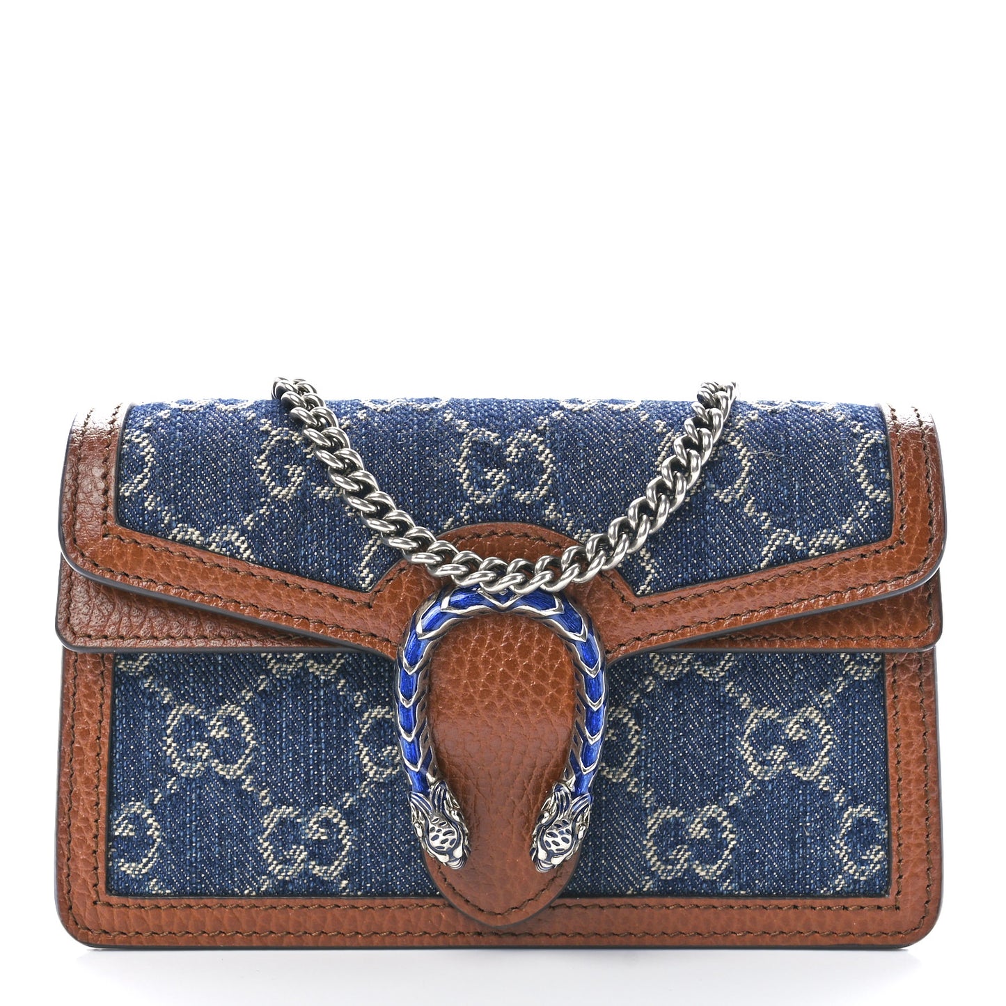 New Denim GG Monogram Dollar Calfskin Enamel Super Mini Dionysus Shoulder Bag Blue Tea Cuir Epilog Electric Blue