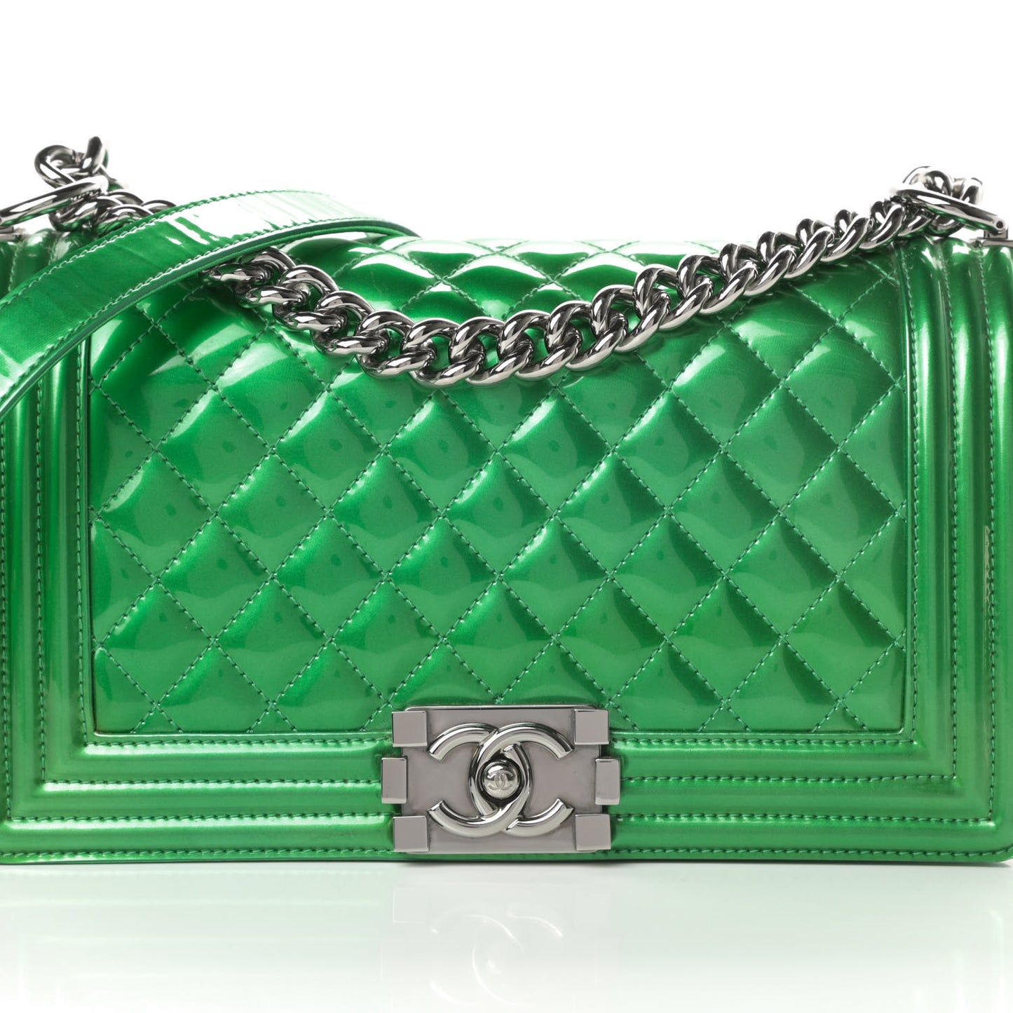 Metallic Patent Calfskin Quilted Medium Boy Flap Green