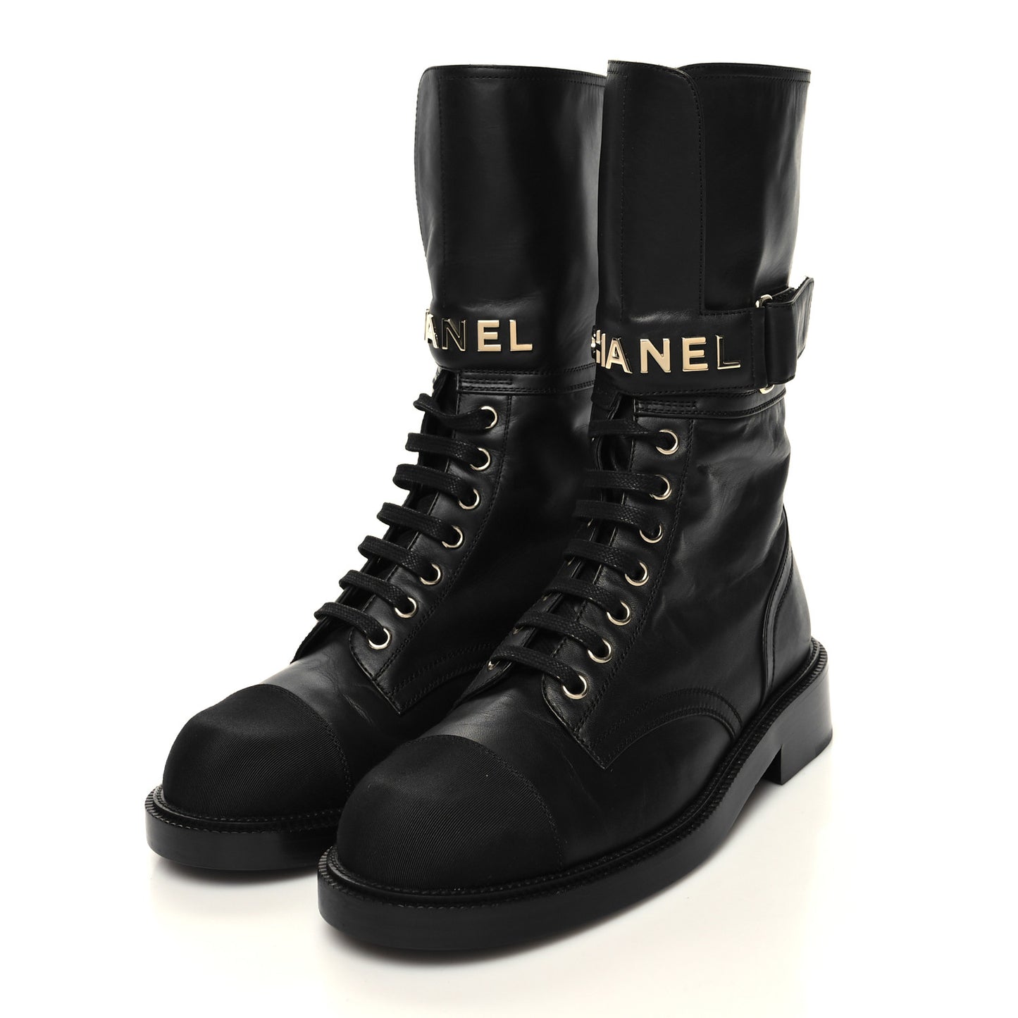 Shiny Calfskin Lace Up Combat Boots 37.5 Black