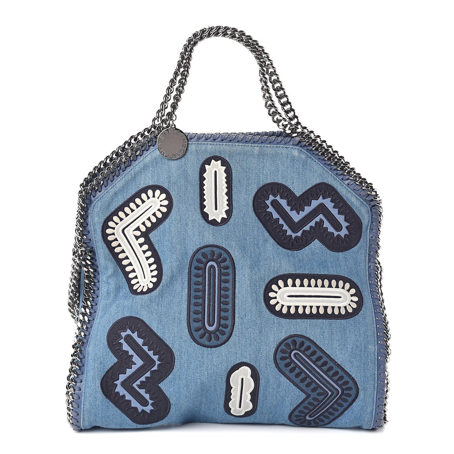 Eco Denim Embroidered Zigarette Falabella Fold Over Tote Blue