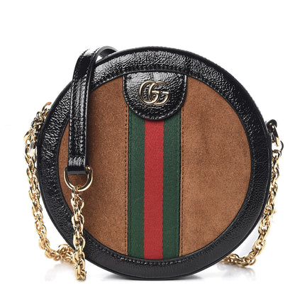 Gucci Suede Patent Web Mini Ophidia Round Shoulder Bag Nocciola Black 1 of 9