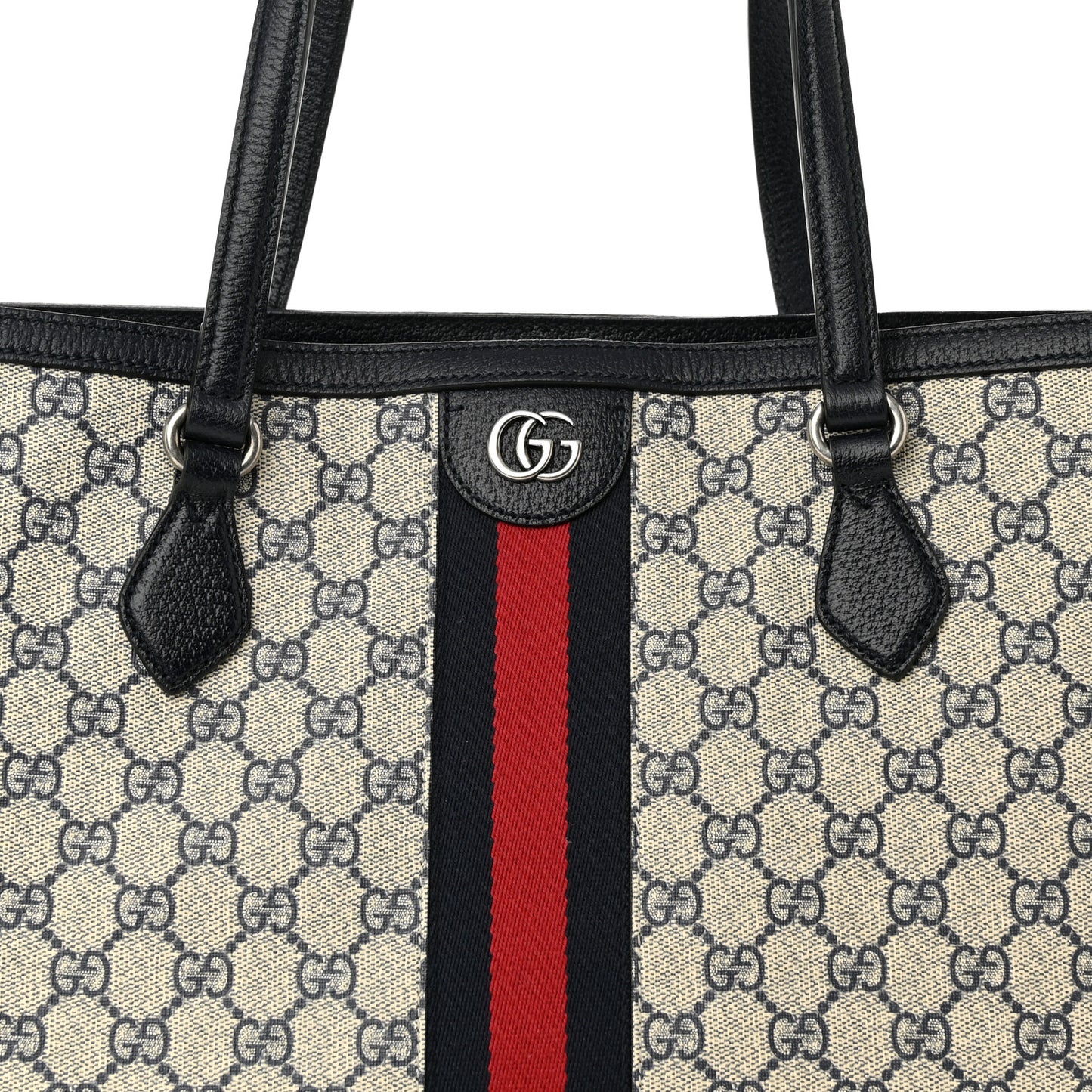 GG Supreme Monogram Textured Calfskin Web Medium Ophidia Shopping Tote Beige Blue