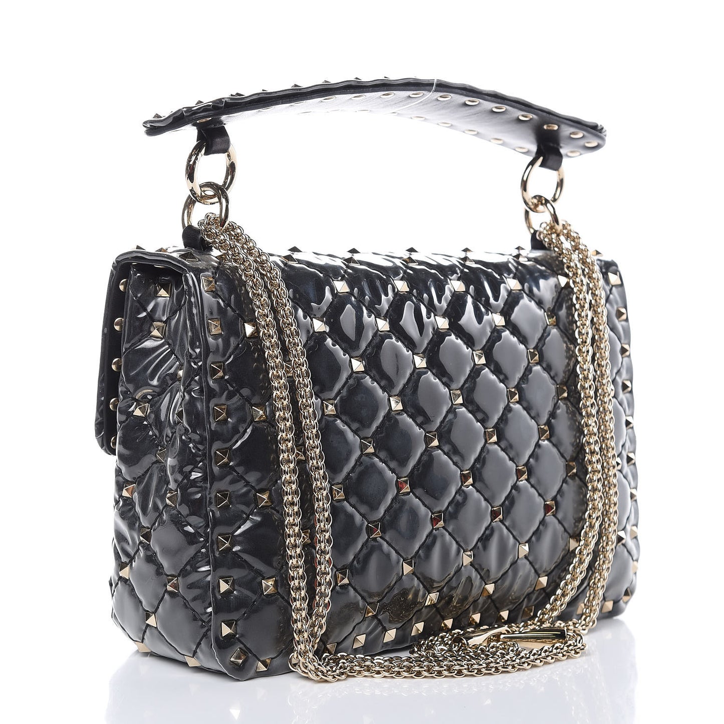 Patent Medium Rockstud Spike Shoulder Bag Black