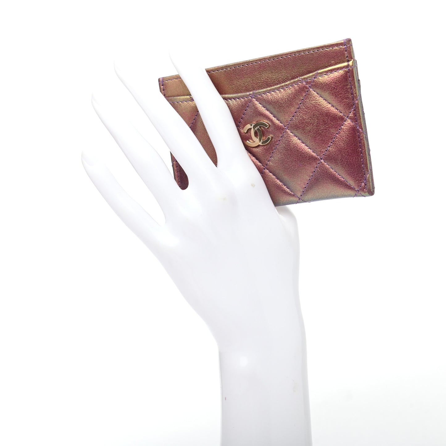 Iridescent Lambskin Quilted Card Holder Purple