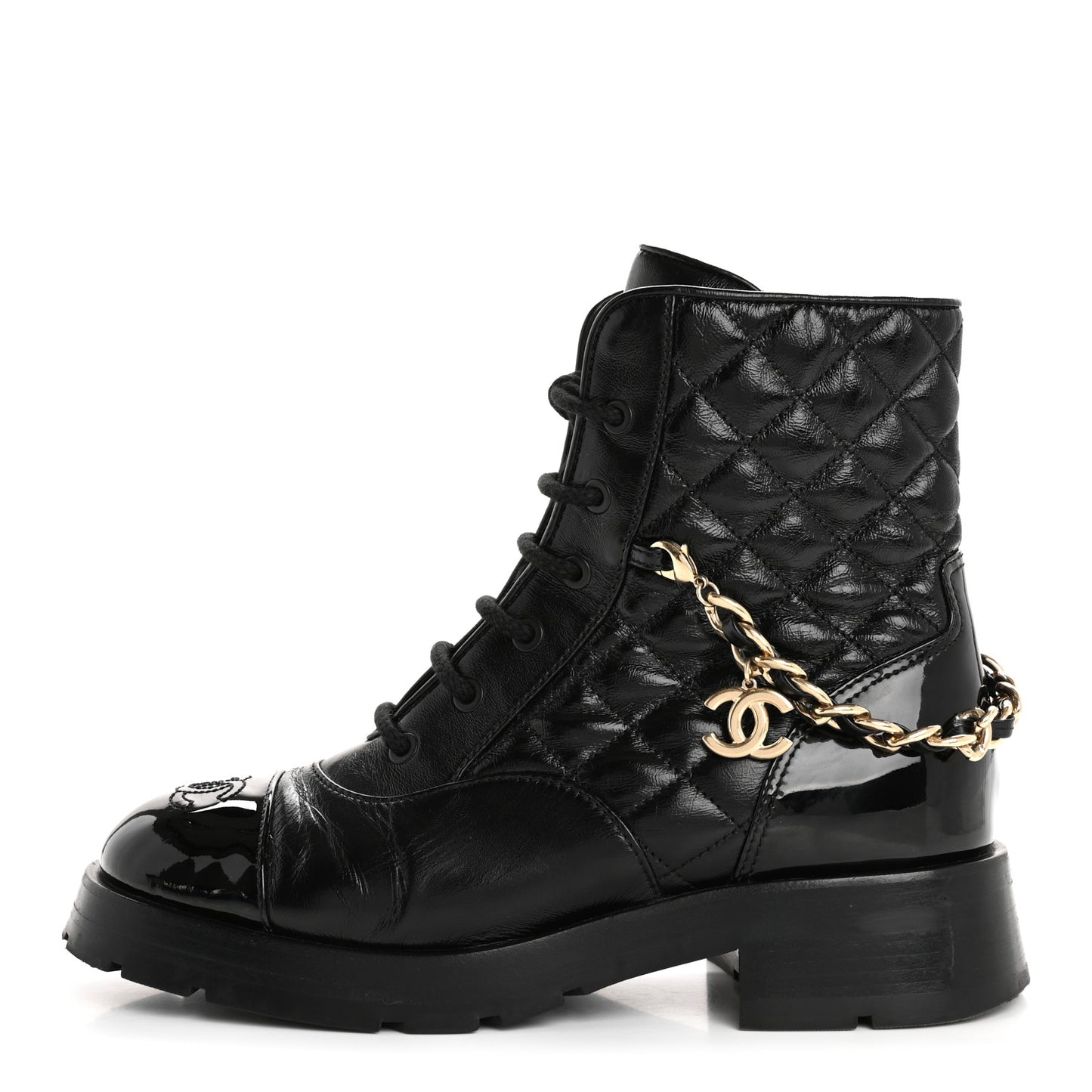 Shiny Calfskin Patent Quilted Chain Lace Up Combat Boots 38 Black