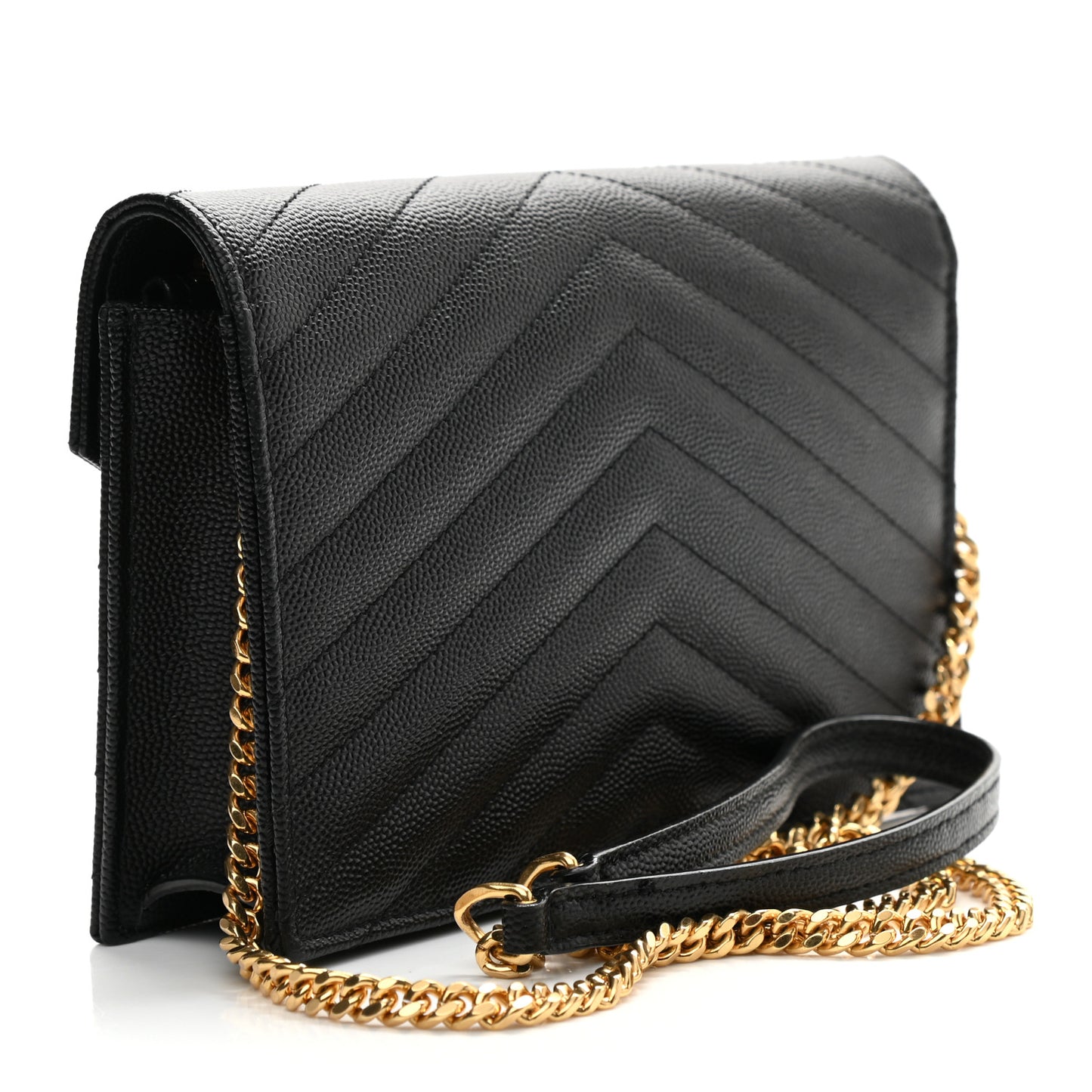 Grain De Poudre Matelasse Chevron Monogram Envelope Chain Wallet Black