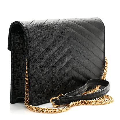 Saint Laurent Grain De Poudre Matelasse Chevron Monogram Envelope Chain Wallet Black 3 of 9