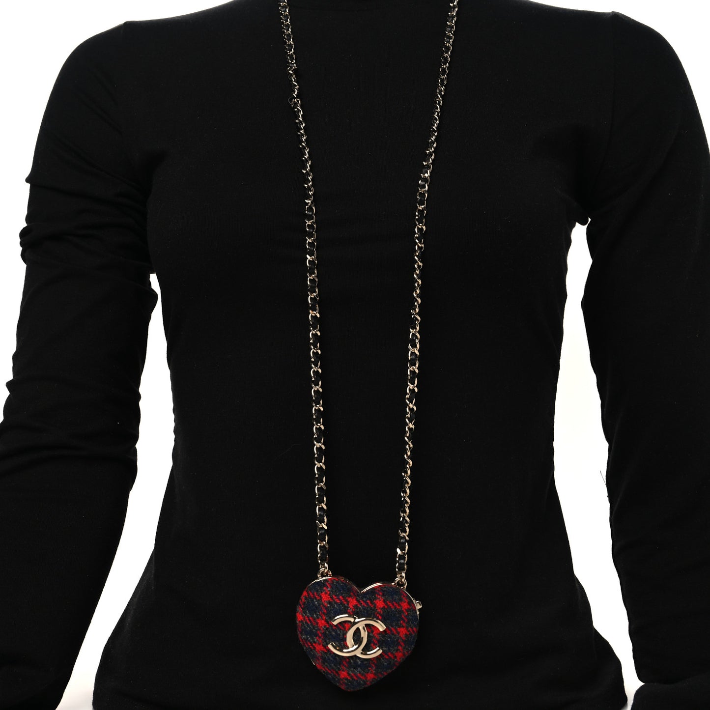 Tweed Lambskin CC Heart Mirror Locket Necklace Gold Grey Red Black