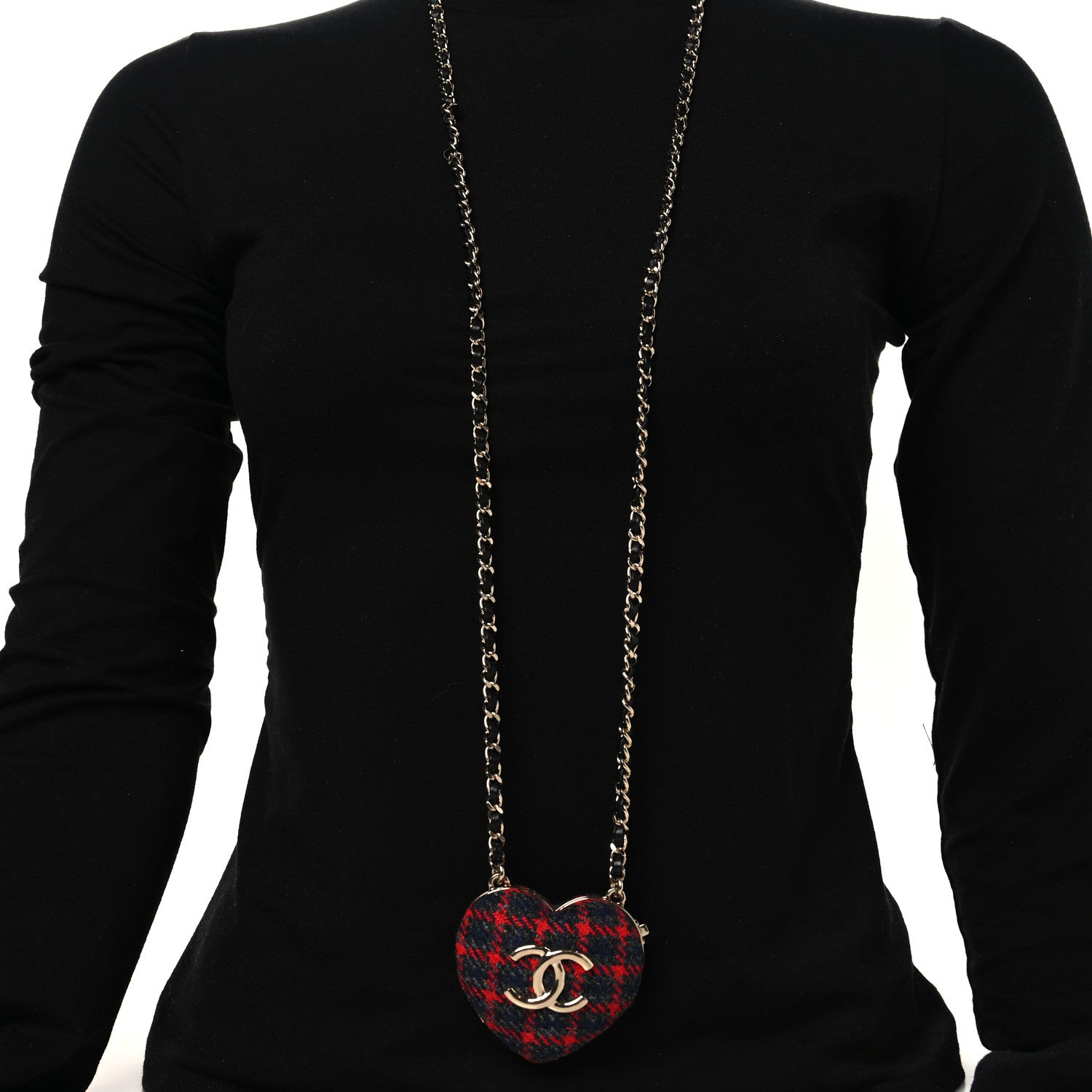 Chanel Tweed Lambskin CC Heart Mirror Locket Necklace Gold Grey Red Black 2 of 5