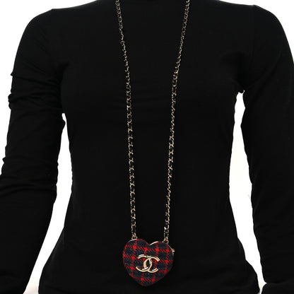 Chanel Tweed Lambskin CC Heart Mirror Locket Necklace Gold Grey Red Black 2 of 5