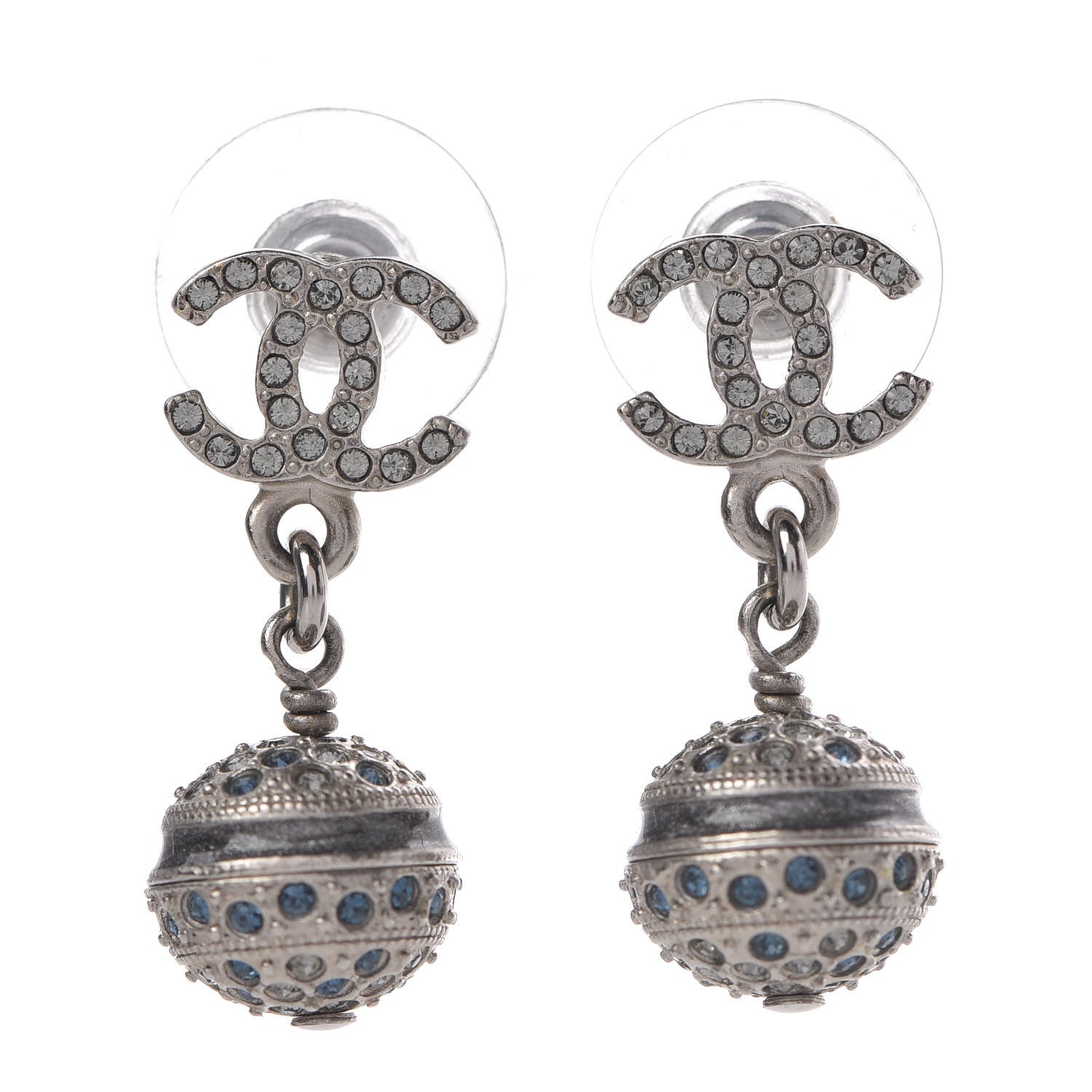Chanel Crystal CC Drop Earrings Blue Silver 1 of 5