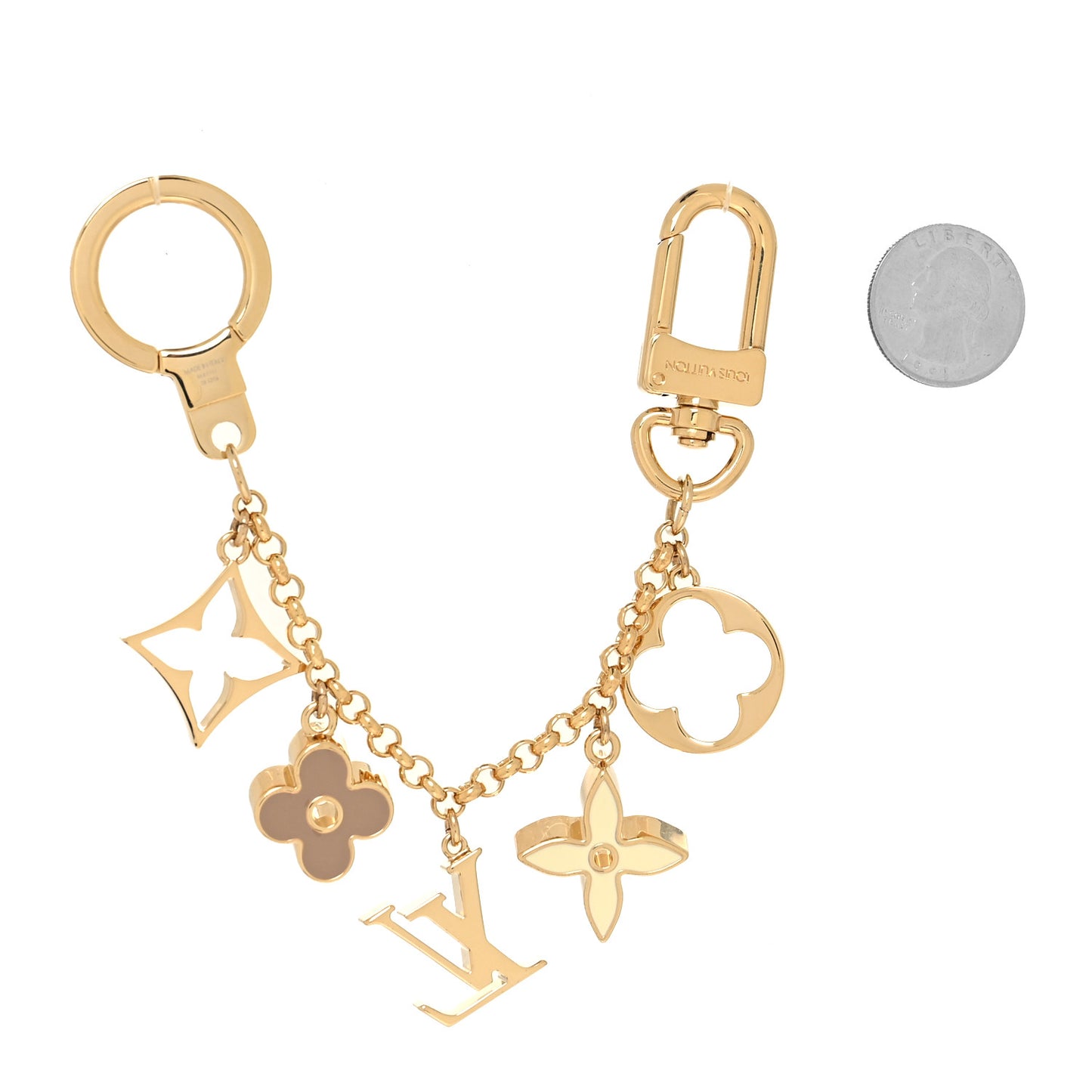 Brass Enamel Fleur De Monogram Bag Charm Chain Gold