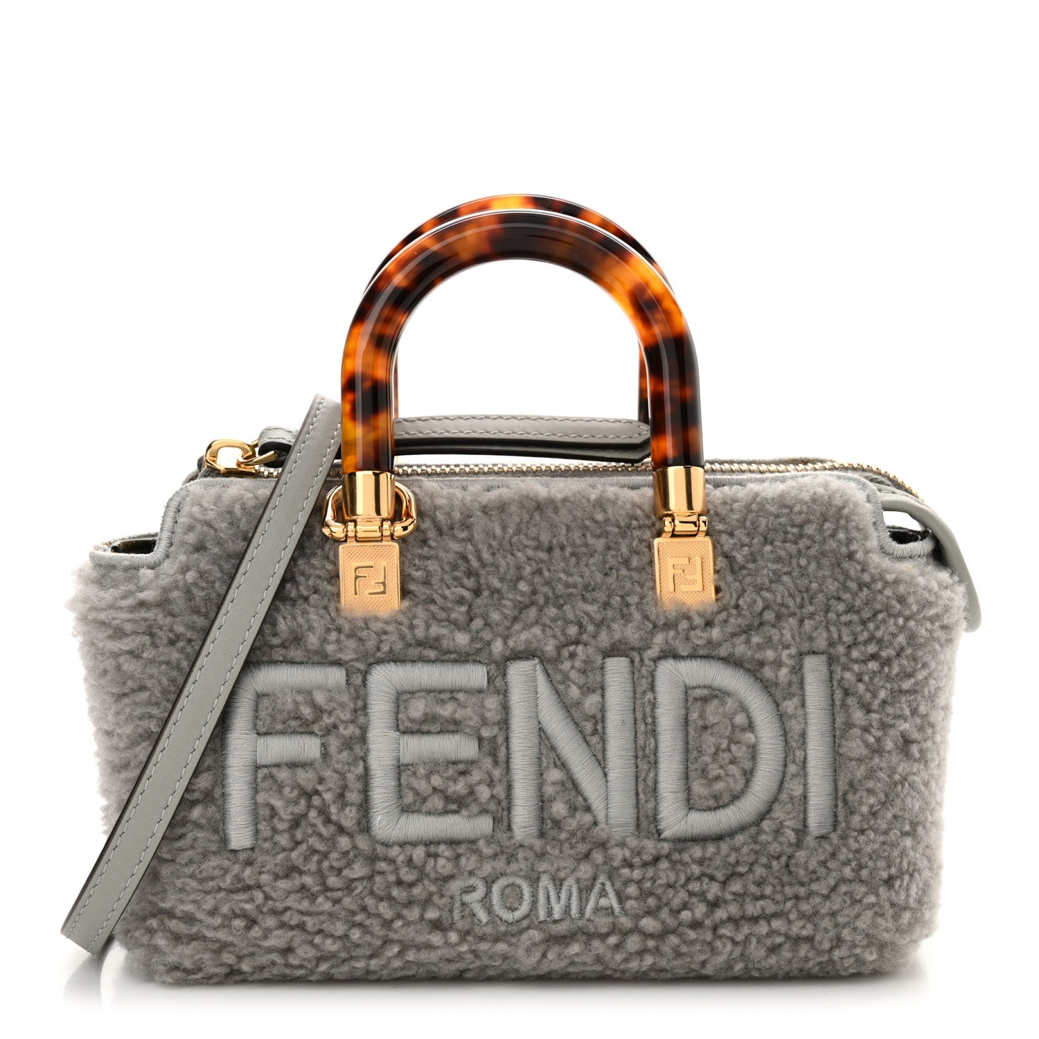Fendi Sheepskin Vitello King Plexiglass Logo Embroidered Mini By The Way Top Handle Boston Ghiaccio 1 of 9