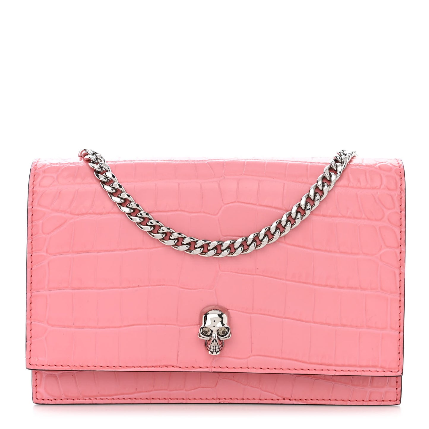 Calfskin Crocodile Embossed Skull Mini Crossbody Bag Pink