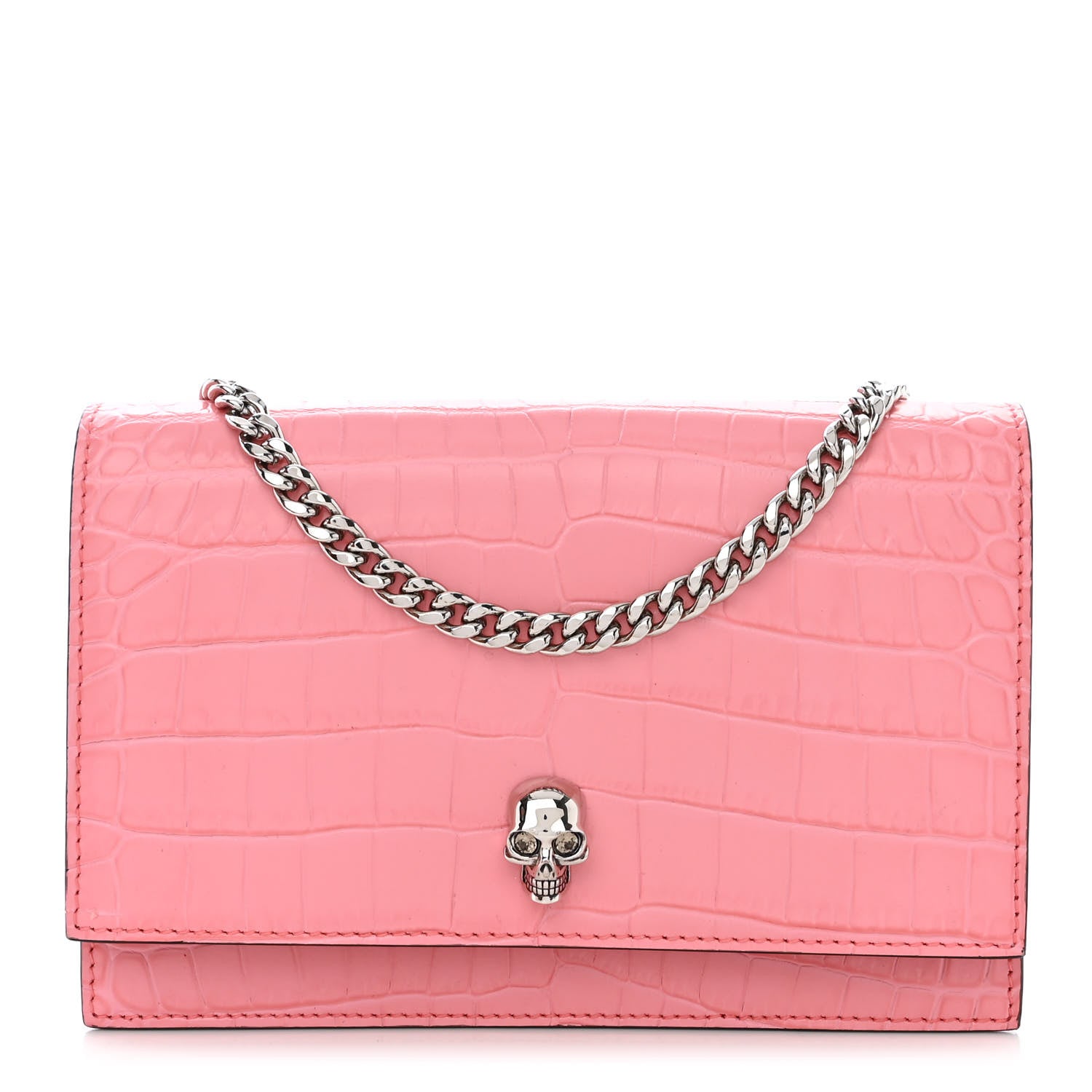 Alexander McQueen Calfskin Crocodile Embossed Skull Mini Crossbody Bag Pink 1 of 10
