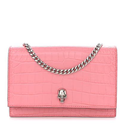 Alexander McQueen Calfskin Crocodile Embossed Skull Mini Crossbody Bag Pink 1 of 10