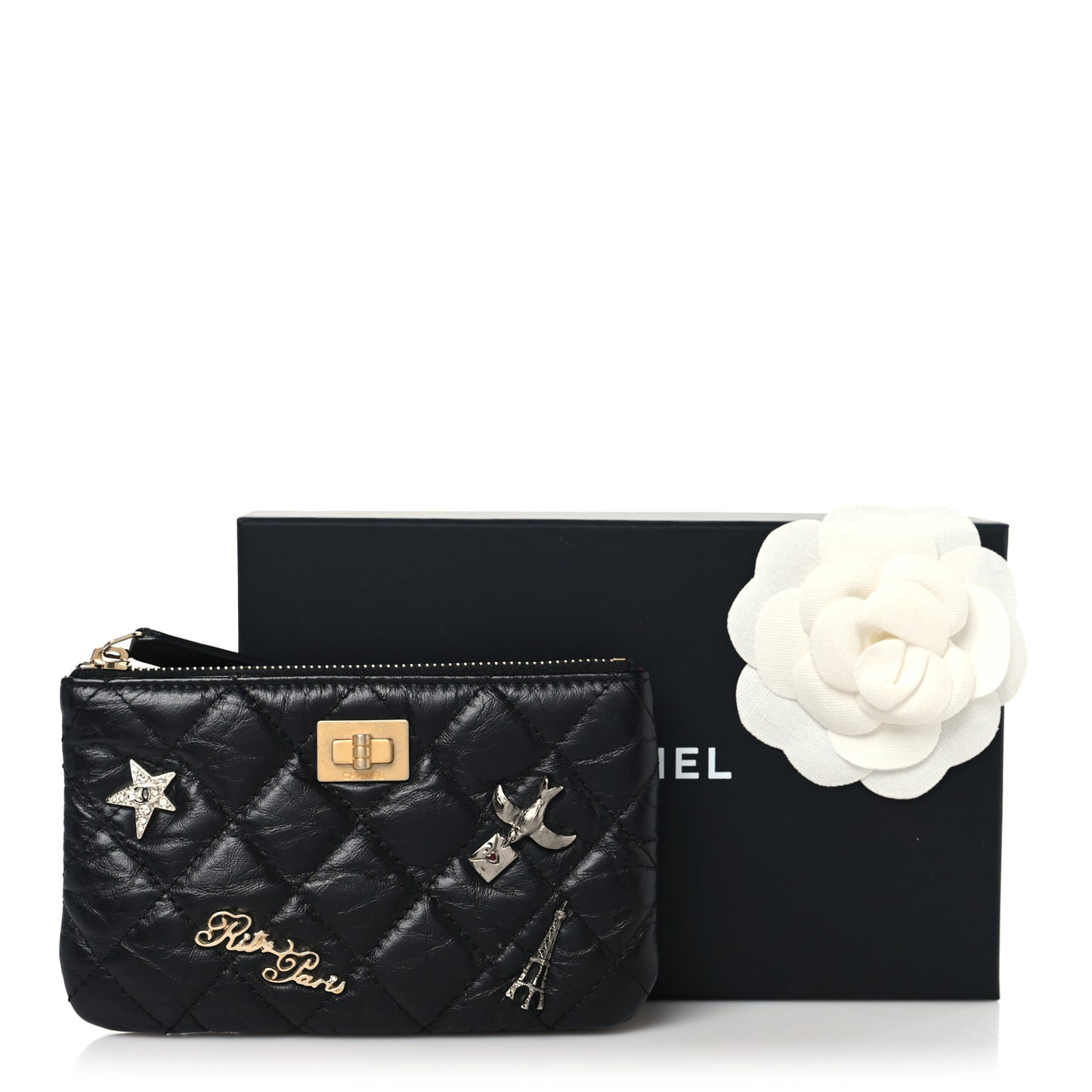 Aged Calfskin Quilted Lucky Charms 2.55 Small Reissue Cosmetic Case Black