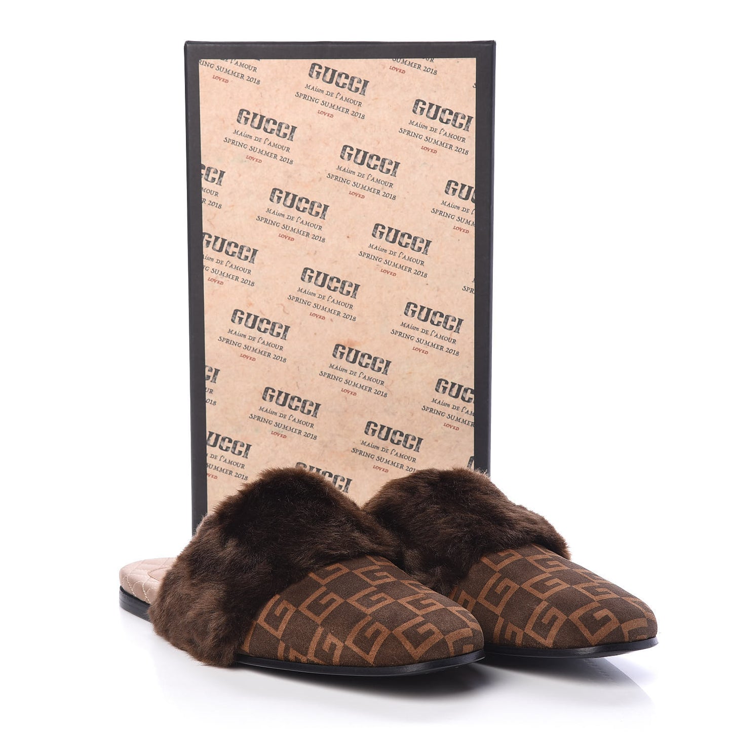 Calfskin Faux Fur Square G Mens Lawrence Slippers 11 Brown