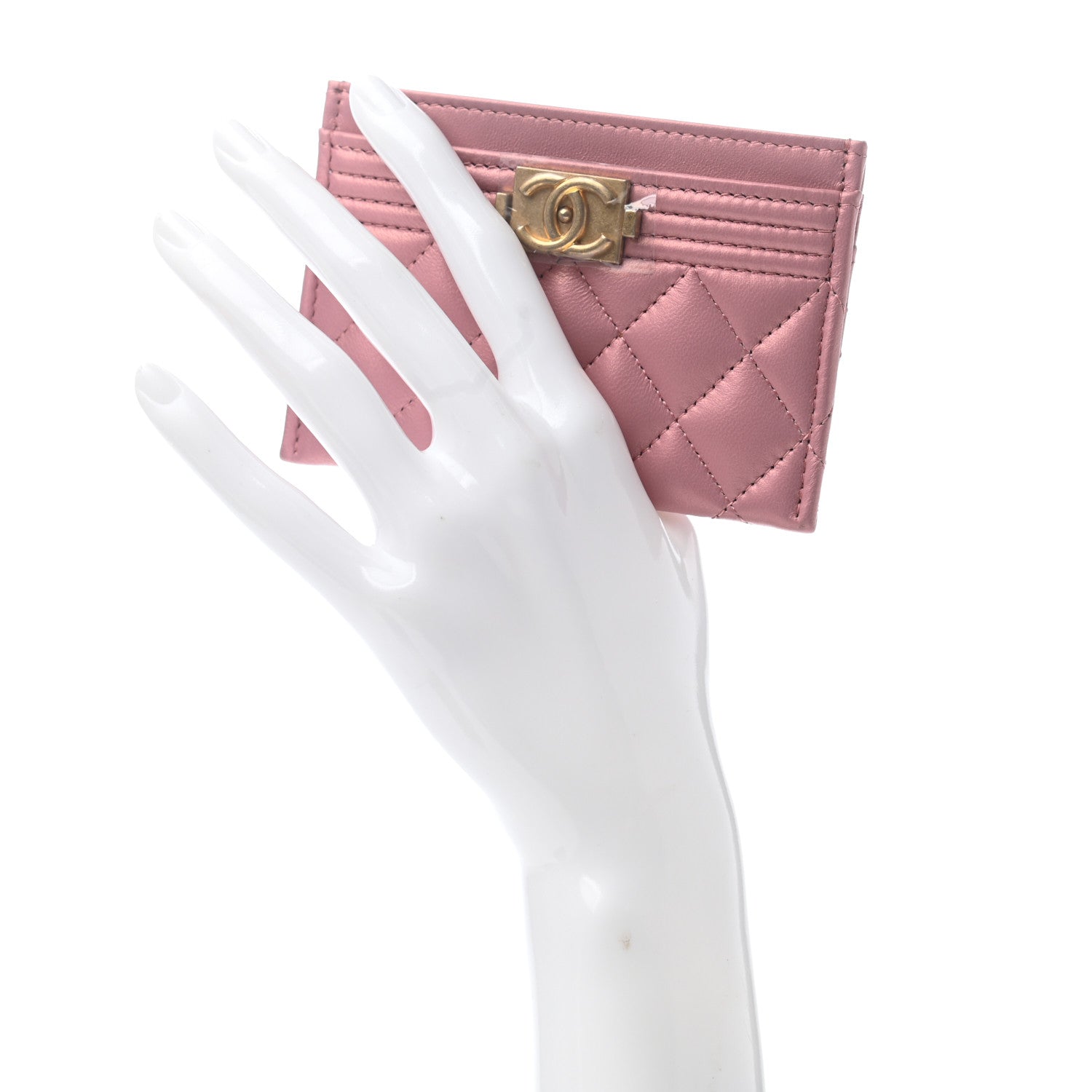 Chanel Metallic Lambskin Quilted Boy Card Holder Pink 2 of 8