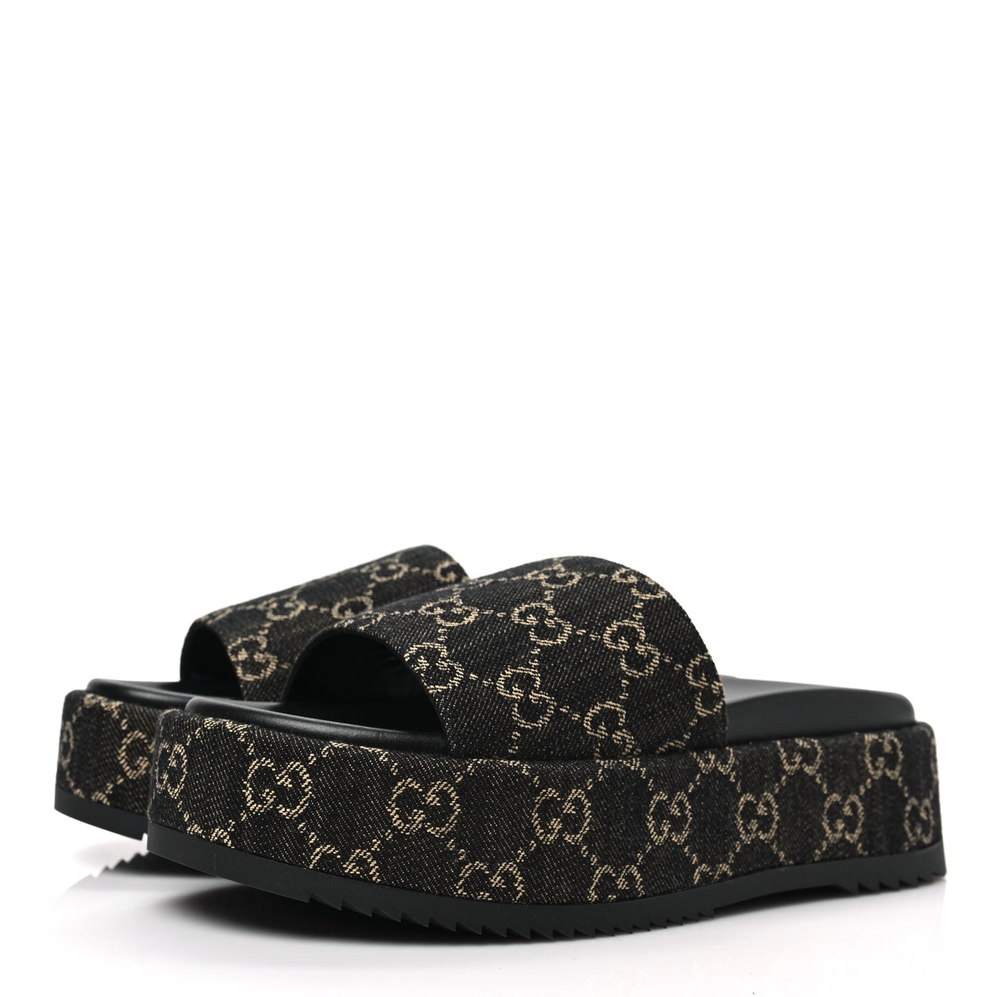 Jacquard Black Denim GG Monogram Angelina Platform 55mm Slide Sandals 37.5 Black Ivory