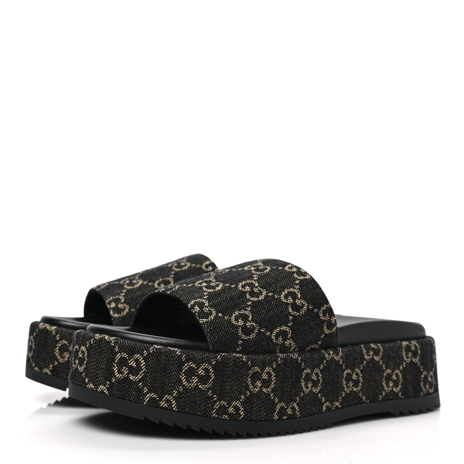 Gucci Jacquard Black Denim GG Monogram Angelina Platform 55mm Slide Sandals 37.5 Black Ivory 3 of 9