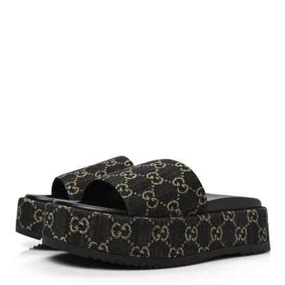 Gucci Jacquard Black Denim GG Monogram Angelina Platform 55mm Slide Sandals 37.5 Black Ivory 3 of 9