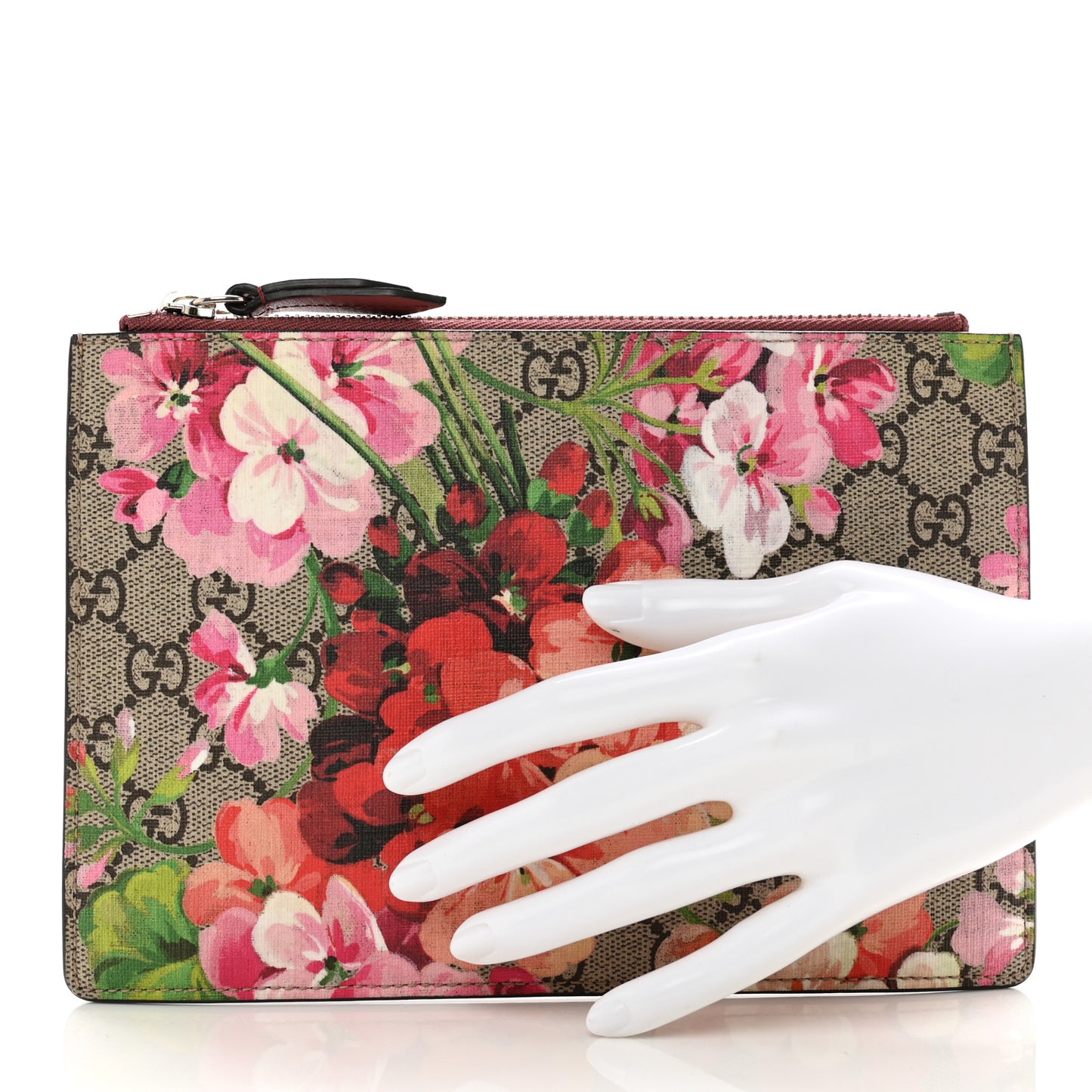 GG Supreme Monogram Blooms Small Zip Pouch Beige Multicolor Dry Rose