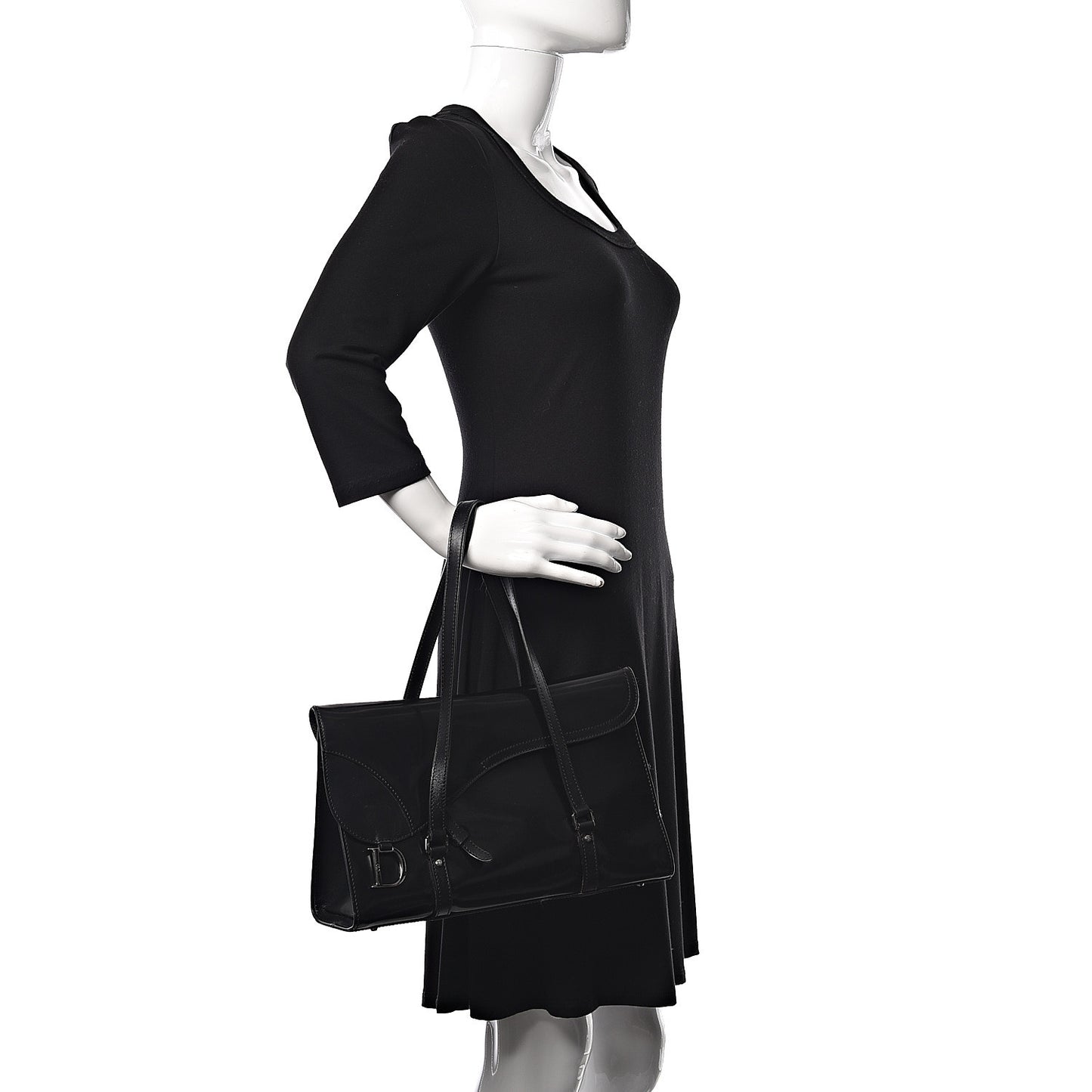 Glazed Calfskin Saddle Shopper Black
