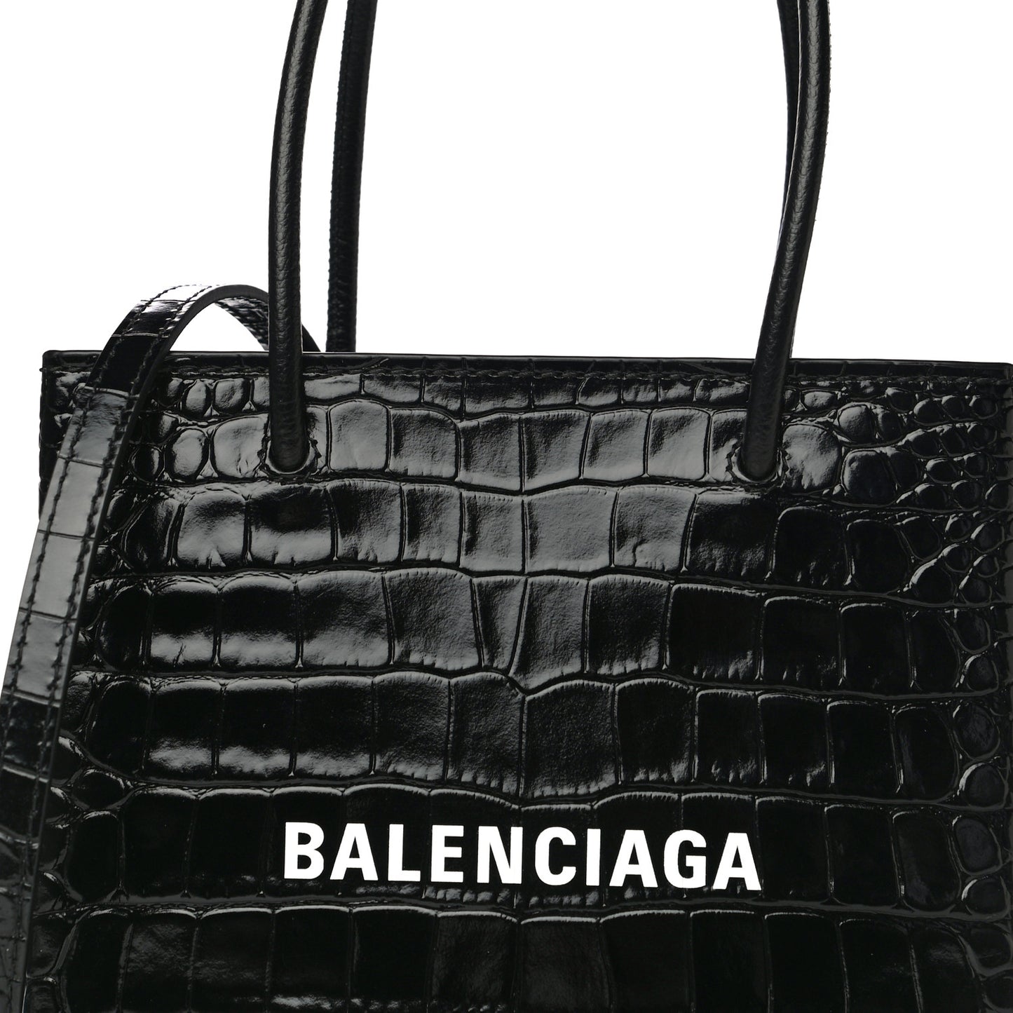 Shiny Calfskin Logo Crocodile Embossed North South Shopper Tote XXS Black White