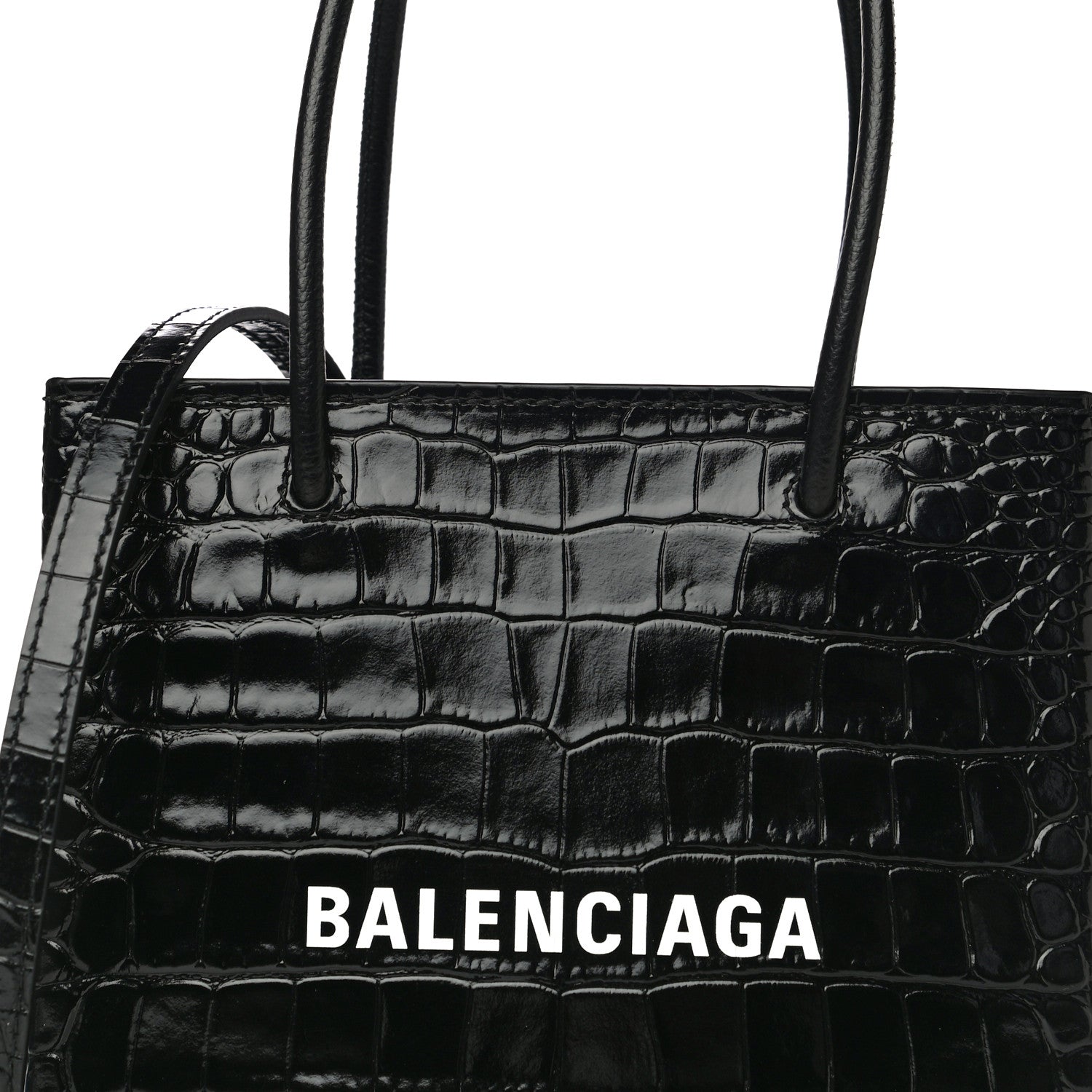 Balenciaga Shiny Calfskin Logo Crocodile Embossed North South Shopper Tote XXS Black White 12 of 12