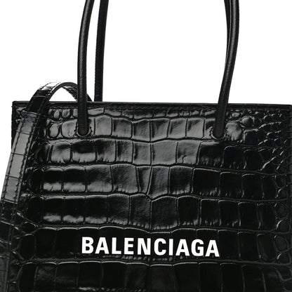 Balenciaga Shiny Calfskin Logo Crocodile Embossed North South Shopper Tote XXS Black White 12 of 12