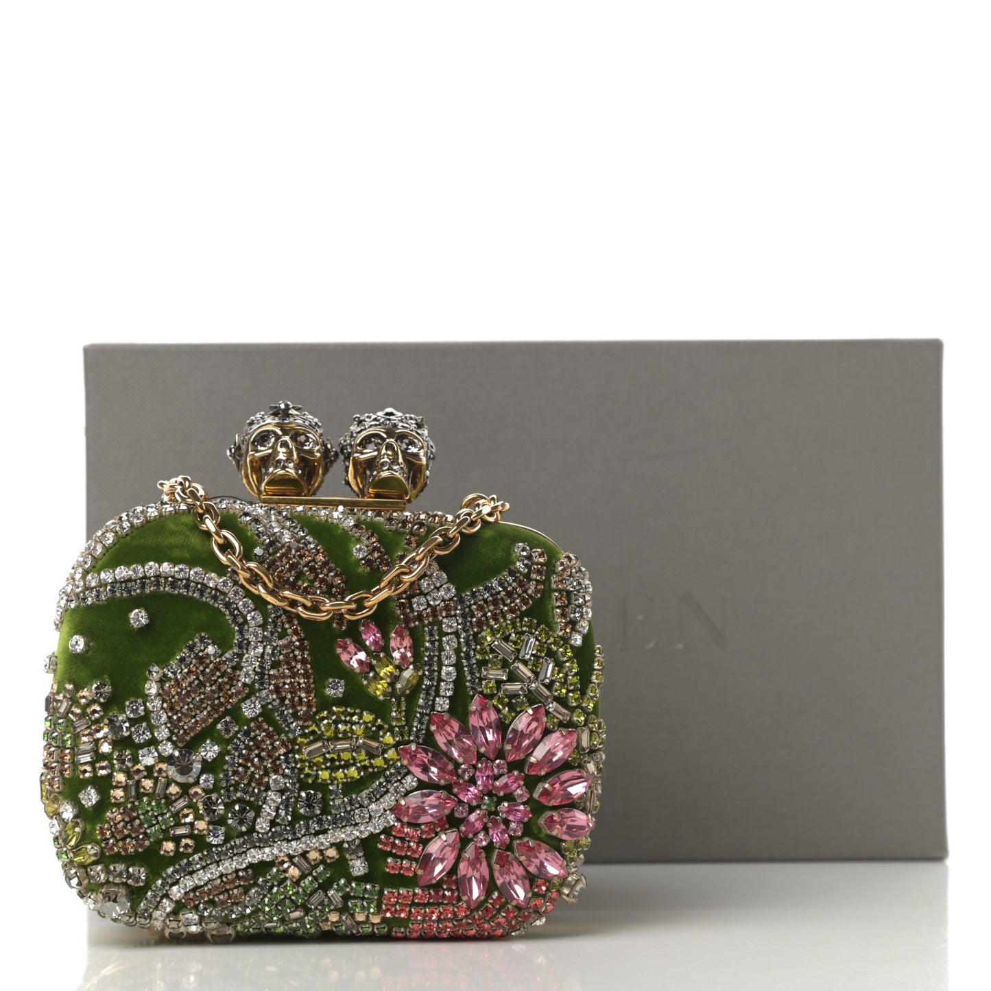 Velvet Embroidered Flower Queen and King Skull Box Chain Clutch Green Multicolor