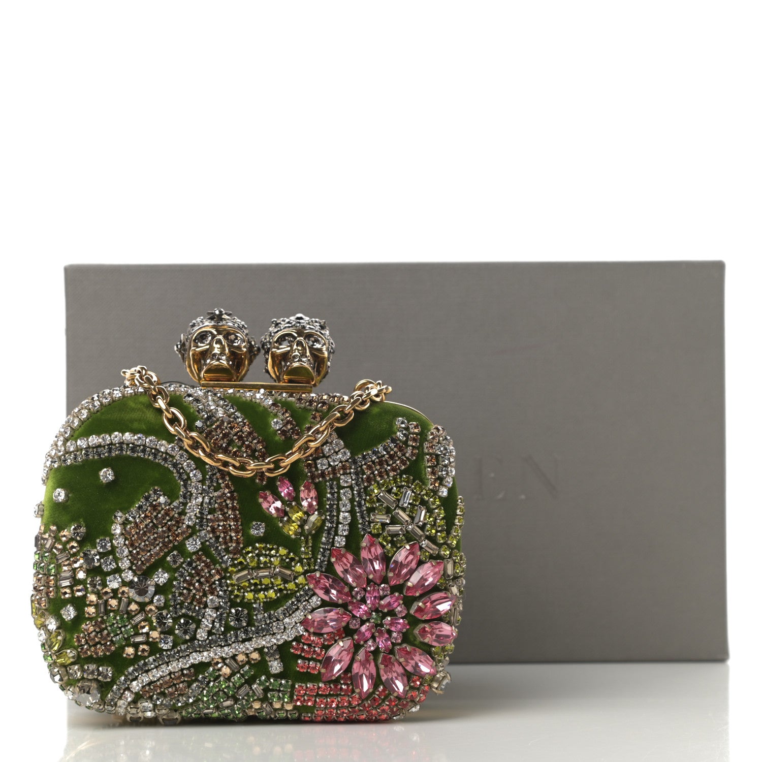 Alexander McQueen Velvet Embroidered Flower Queen and King Skull Box Chain Clutch Green Multicolor 13 of 13