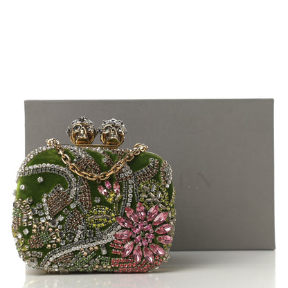 Alexander McQueen Velvet Embroidered Flower Queen and King Skull Box Chain Clutch Green Multicolor 13 of 13