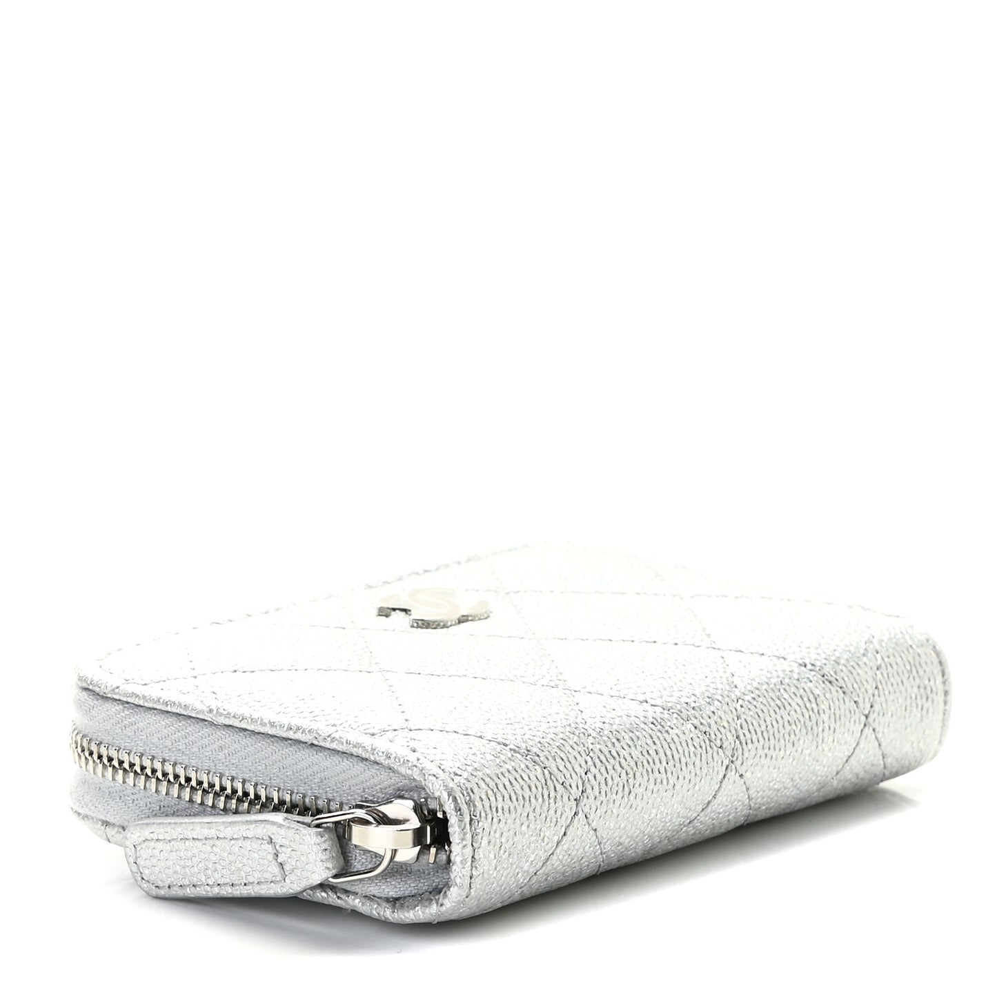 Glittered Metallic Caviar Quilted Zip Coin Purse Wallet Silver