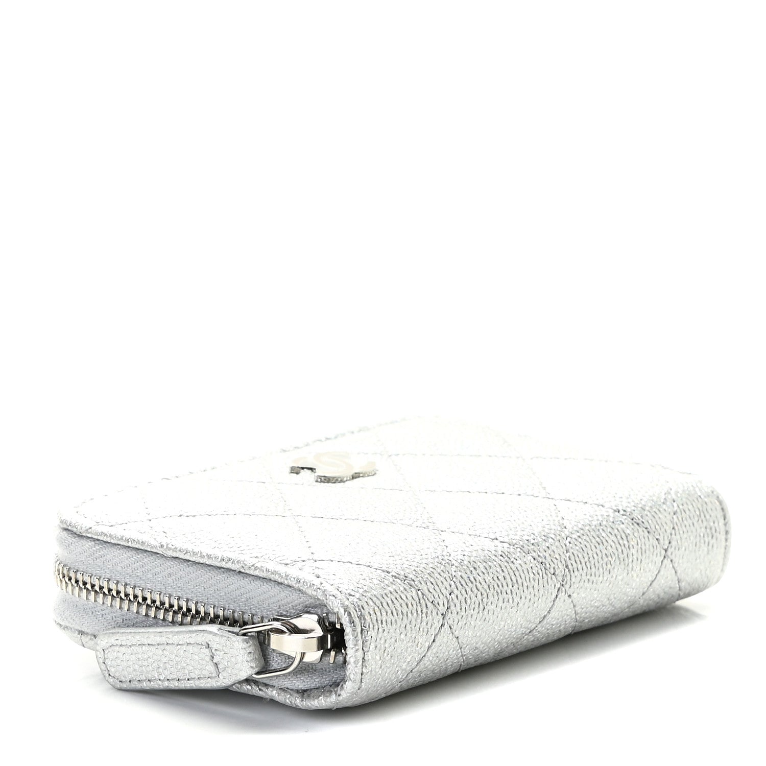 Chanel Glittered Metallic Caviar Quilted Zip Coin Purse Wallet Silver 3 of 8