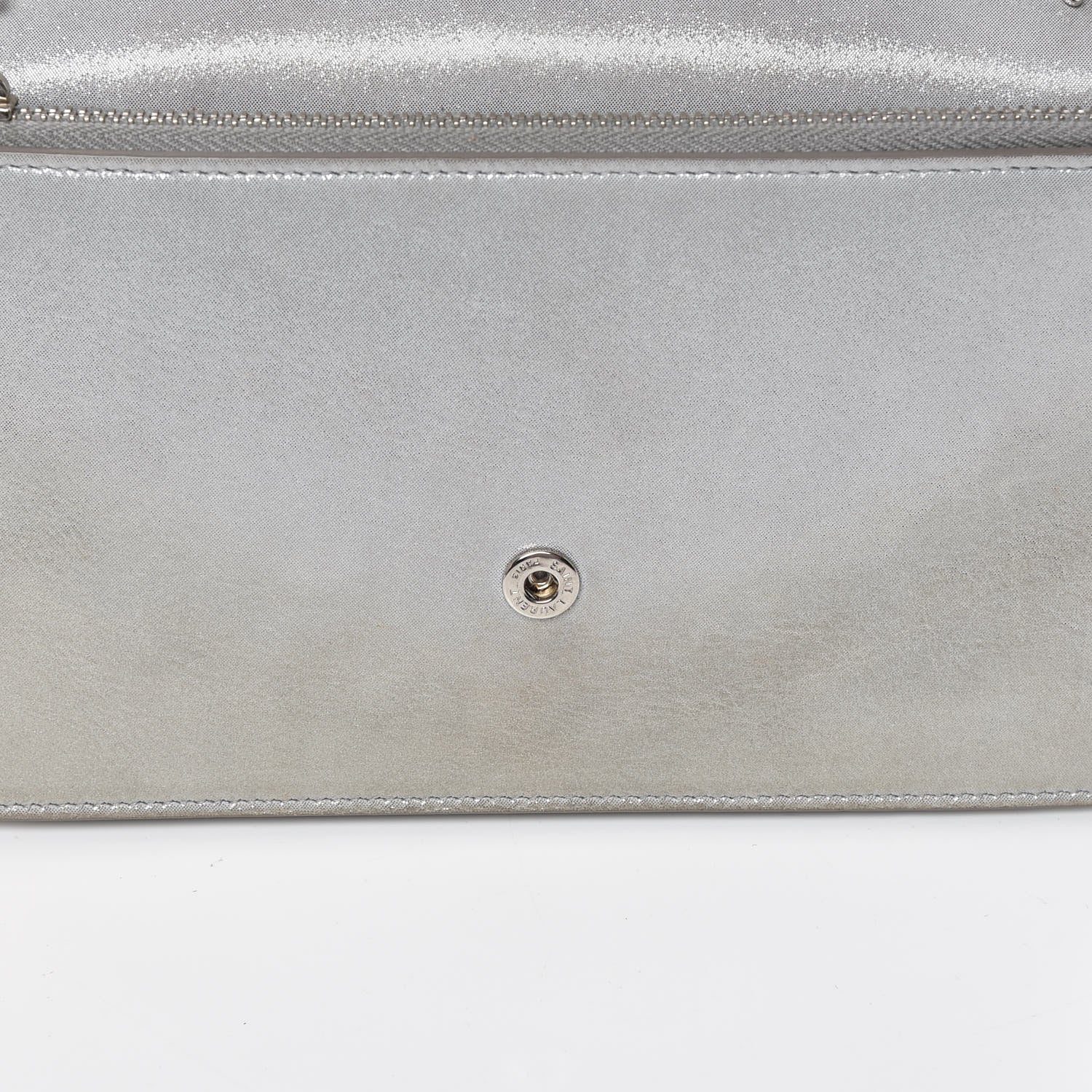 Saint Laurent Metallic Fabric Monogram Envelope Chain Wallet Silver 11 of 13
